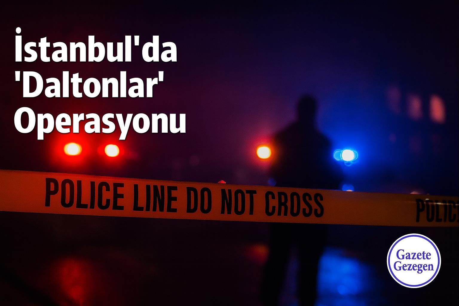 İstanbul’da “Daltonlar” çetesine yönelik gece operasyonu, polis şeridi ve kırmızı-mavi ışık yansımalarıyla yansıtılan karanlık sahne.