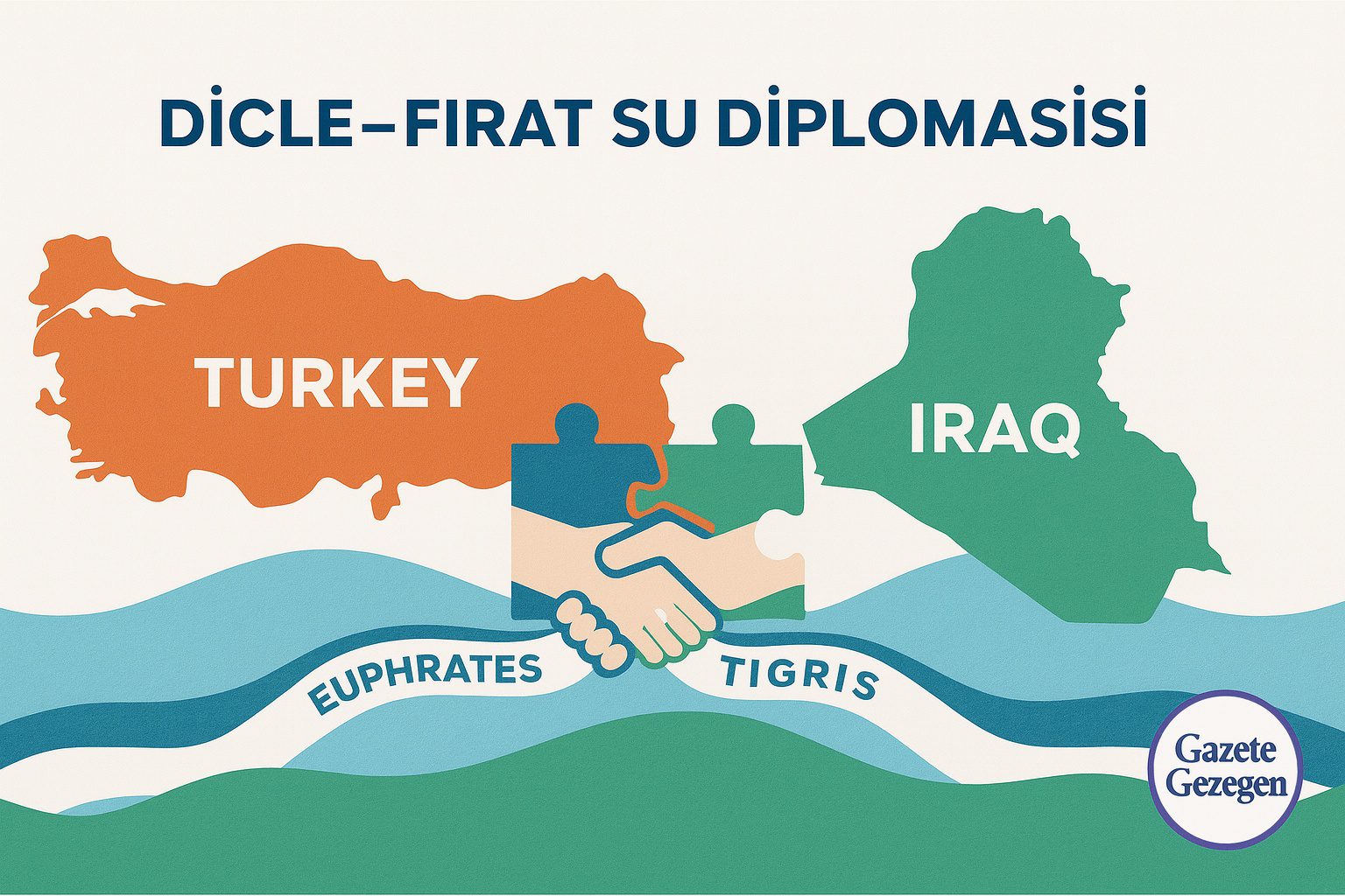 Türkiye ile Irak arasında imzaya hazırlanan Dicle ve Fırat su paylaşımı anlaşmasını simgeleyen illüstrasyon, Gazete Gezegen logosuyla.