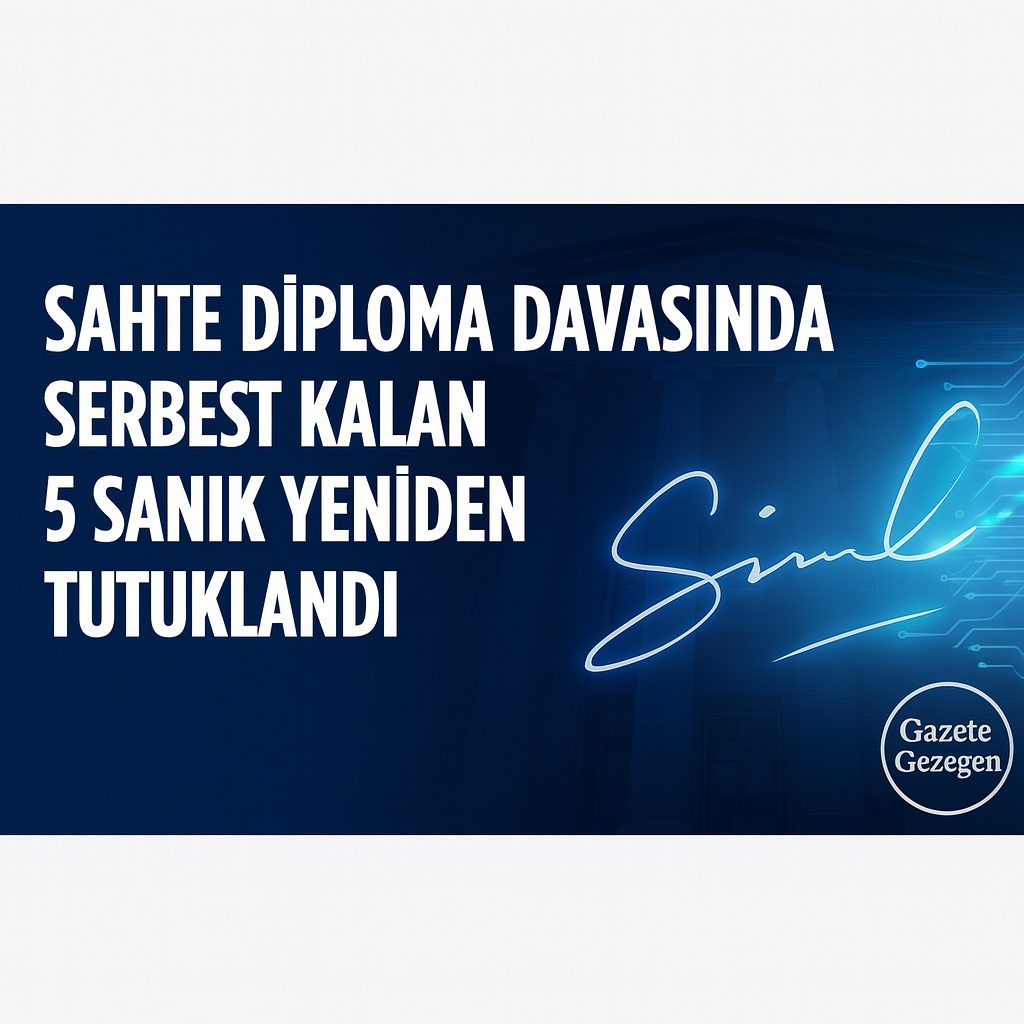 Sahte diploma davasında serbest kalan 5 sanığın yeniden tutuklanmasını anlatan görsel, adliye ve dijital imza temasıyla hazırlanmış.