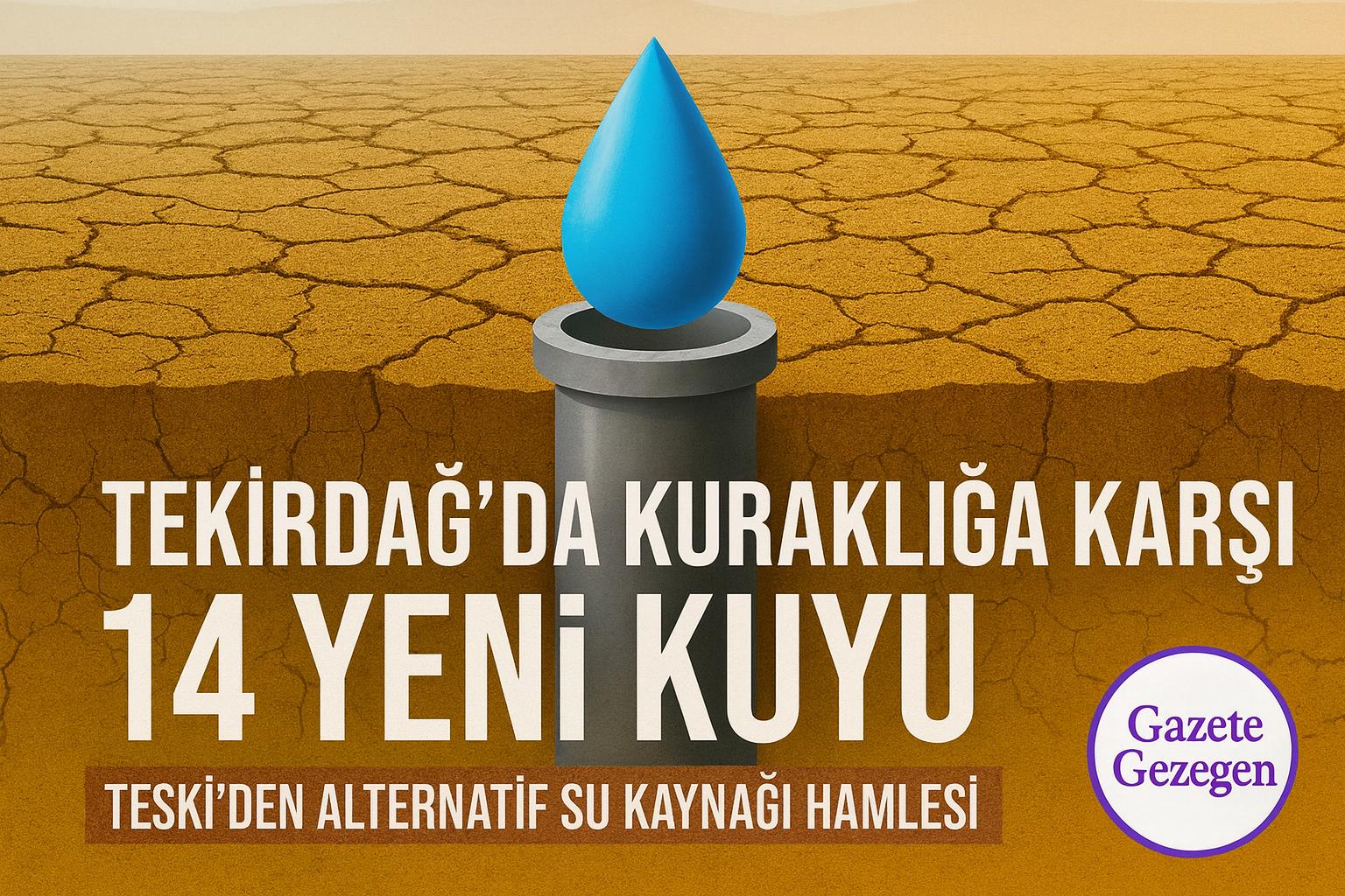 “Tekirdağ’da kuraklığa karşı açılan 14 yeni kuyu ve su damlası sembolüyle hazırlanan görsel – TESKİ’nin alternatif su kaynağı projesi – #gazetegezegen”