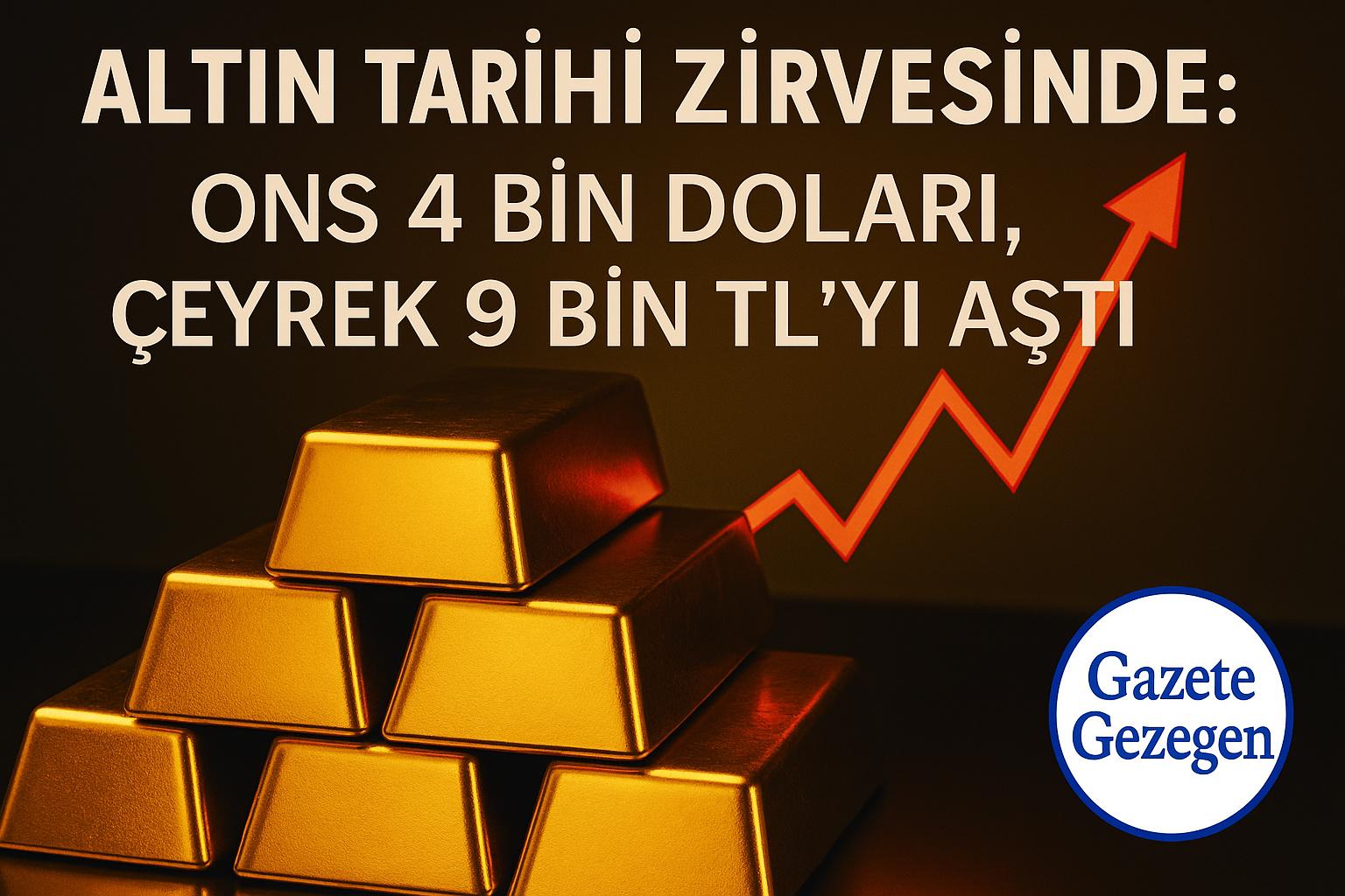 Altın külçeleri ve yükselen finans grafiğiyle “Altın tarihi zirvesinde” başlıklı görsel. Ons altının 4 bin doları, çeyrek altının 9 bin TL’yi aştığını vurgulayan haber görseli. #gazetegezegen