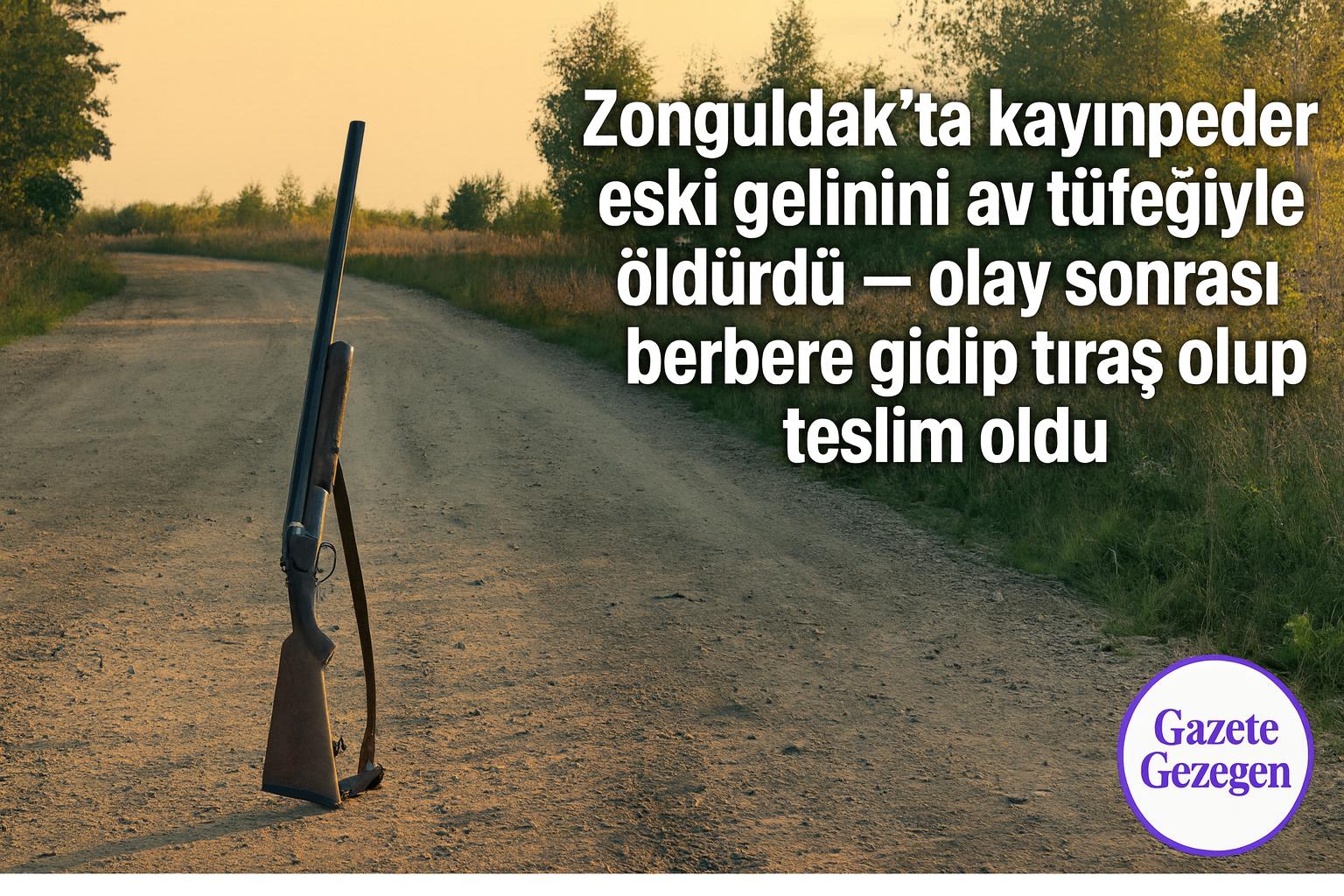 Zonguldak Çaycuma’da köy yolunda av tüfeği temalı haber görseli — kayınpederin eski gelinini öldürüp teslim olduğu olay. #gazetegezegen