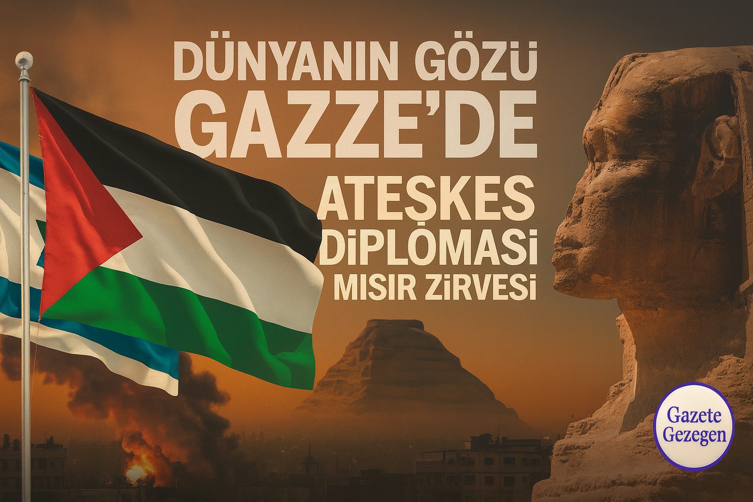 Gazze’de ateşkes sonrası Mısır’daki barış zirvesi ve diplomasi trafiğini simgeleyen görsel — Filistin bayrağı, Mısır Sfenksi ve barış temasıyla. #gazetegezegen