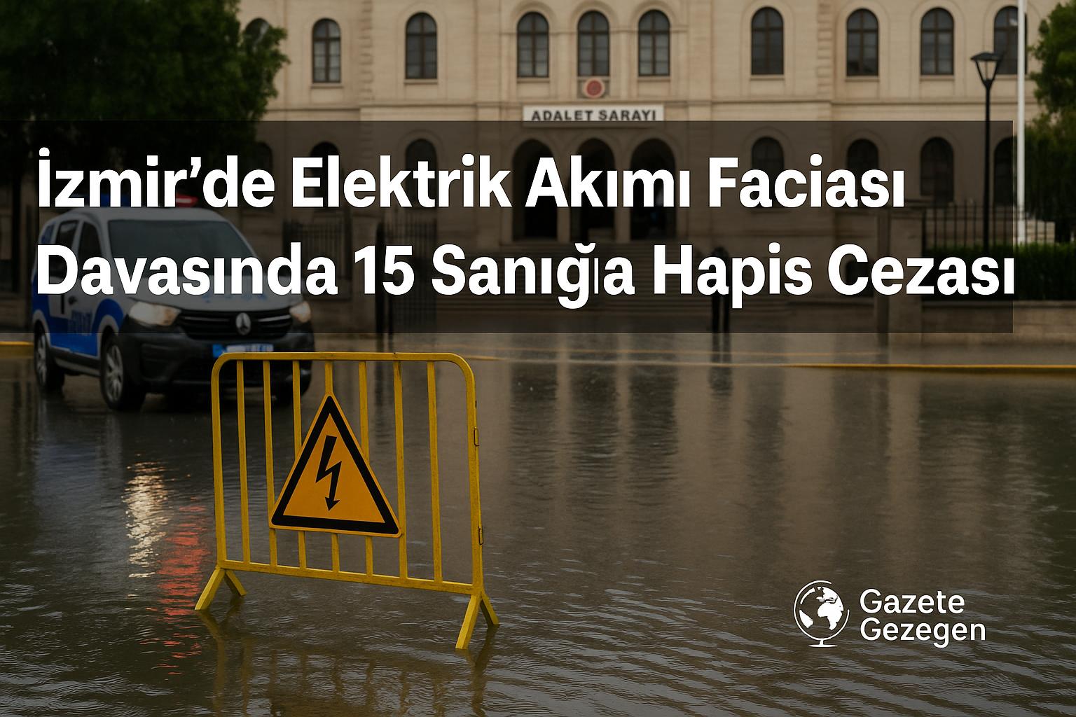 İzmir adliyesi önünde elektrik akımı faciası davası — 15 sanığa verilen hapis cezası, adalet ve güvenlik temalı görüntü.