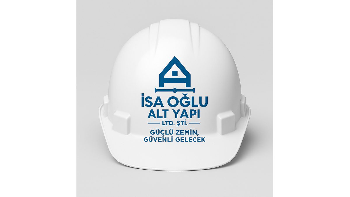 İsa Oğlu Alt Yapı firmasına ait beyaz şantiye bareti ve şirket logosu