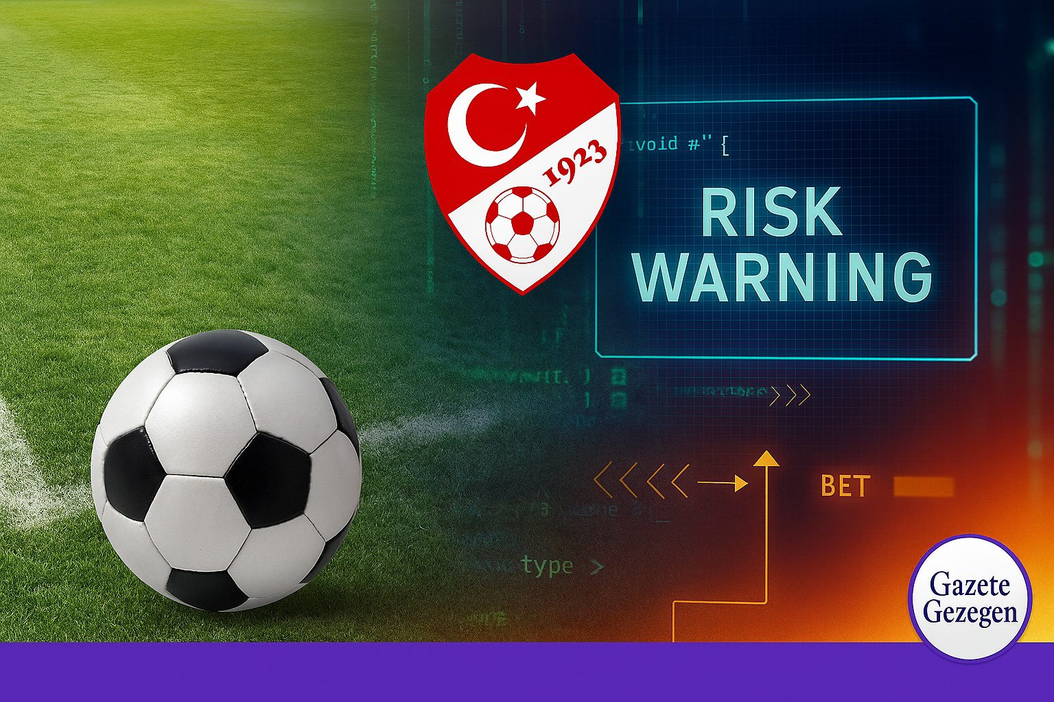 TFF bahis skandalı görseli; futbol sahası, top ve dijital risk ekranı – Türk futbolunda bahis soruşturması – Gazete Gezegen