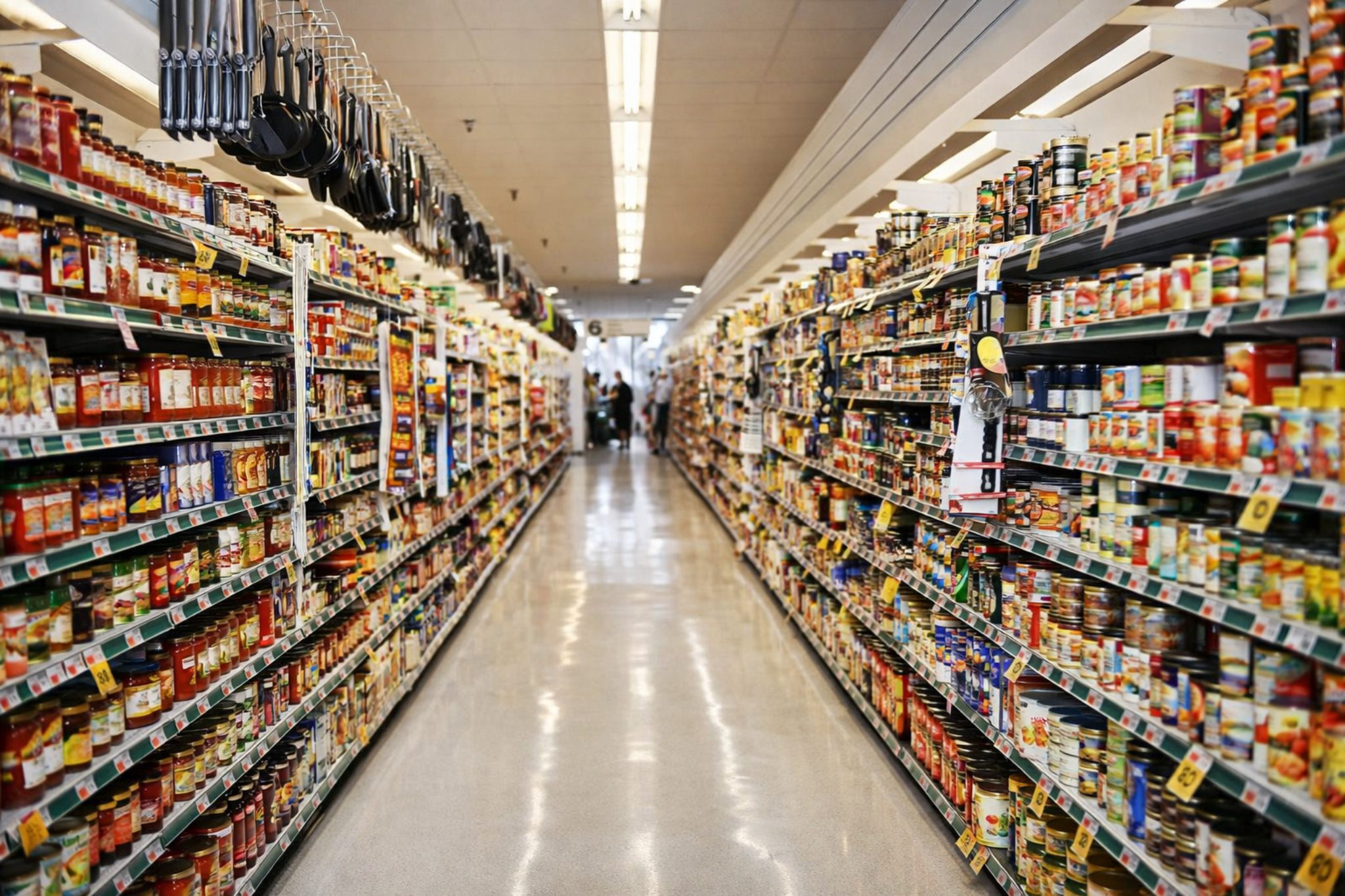 Zincir market raflarında gıda ürünleri ve konserve çeşitlerinin yer aldığı market içi görünüm