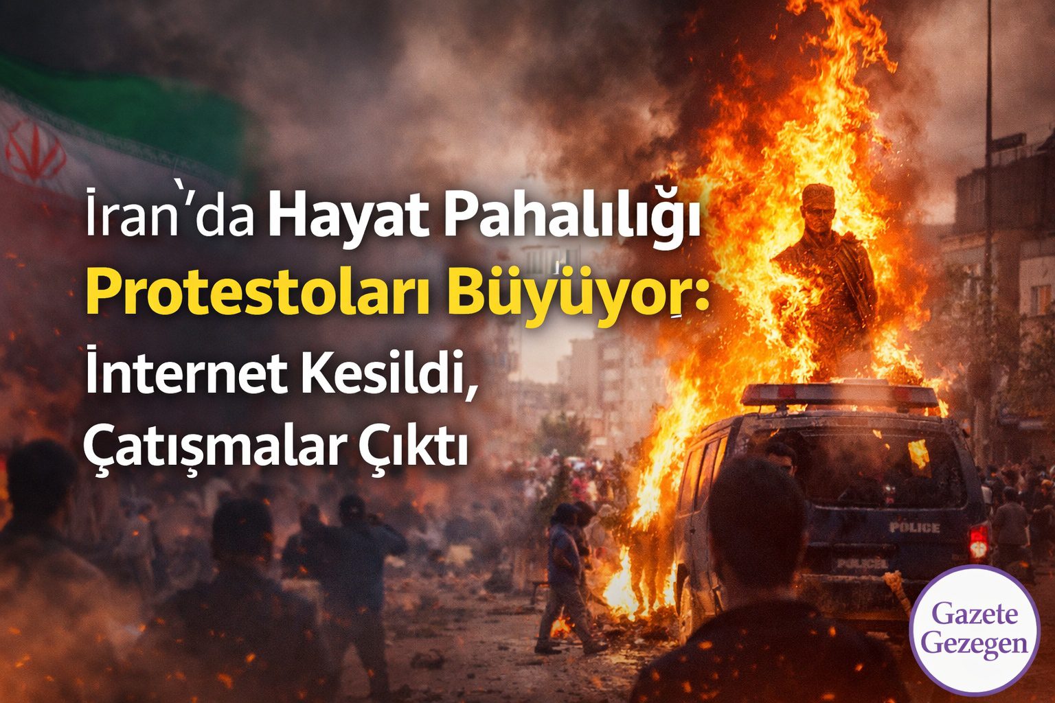 İran’da hayat pahalılığı nedeniyle çıkan protestolarda polis aracı yanarken göstericiler sokaklarda