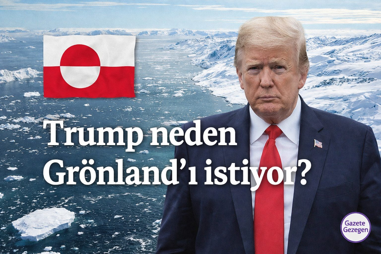 Trump neden Grönland’ı istiyor? başlıklı haber için hazırlanan kapak görseli; buzullar, Grönland bayrağı ve Donald Trump görseli