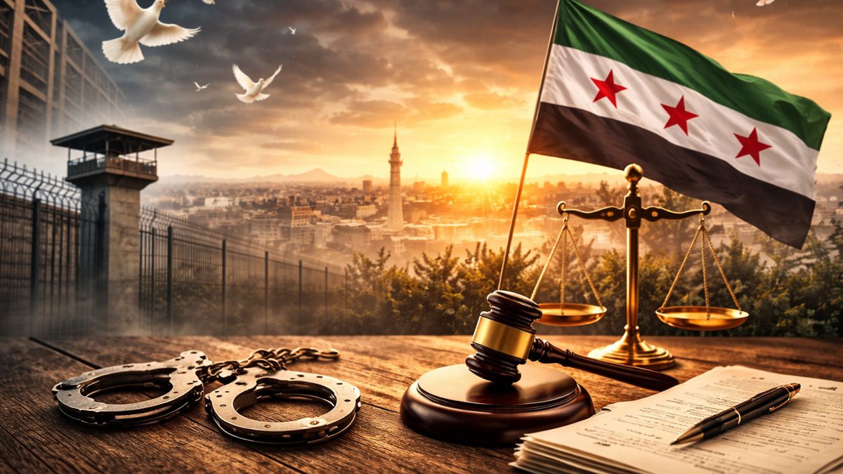 Suriye’de Ramazan öncesi ilan edilen genel af kararını temsil eden adalet sembolleri ve ülke manzarası
