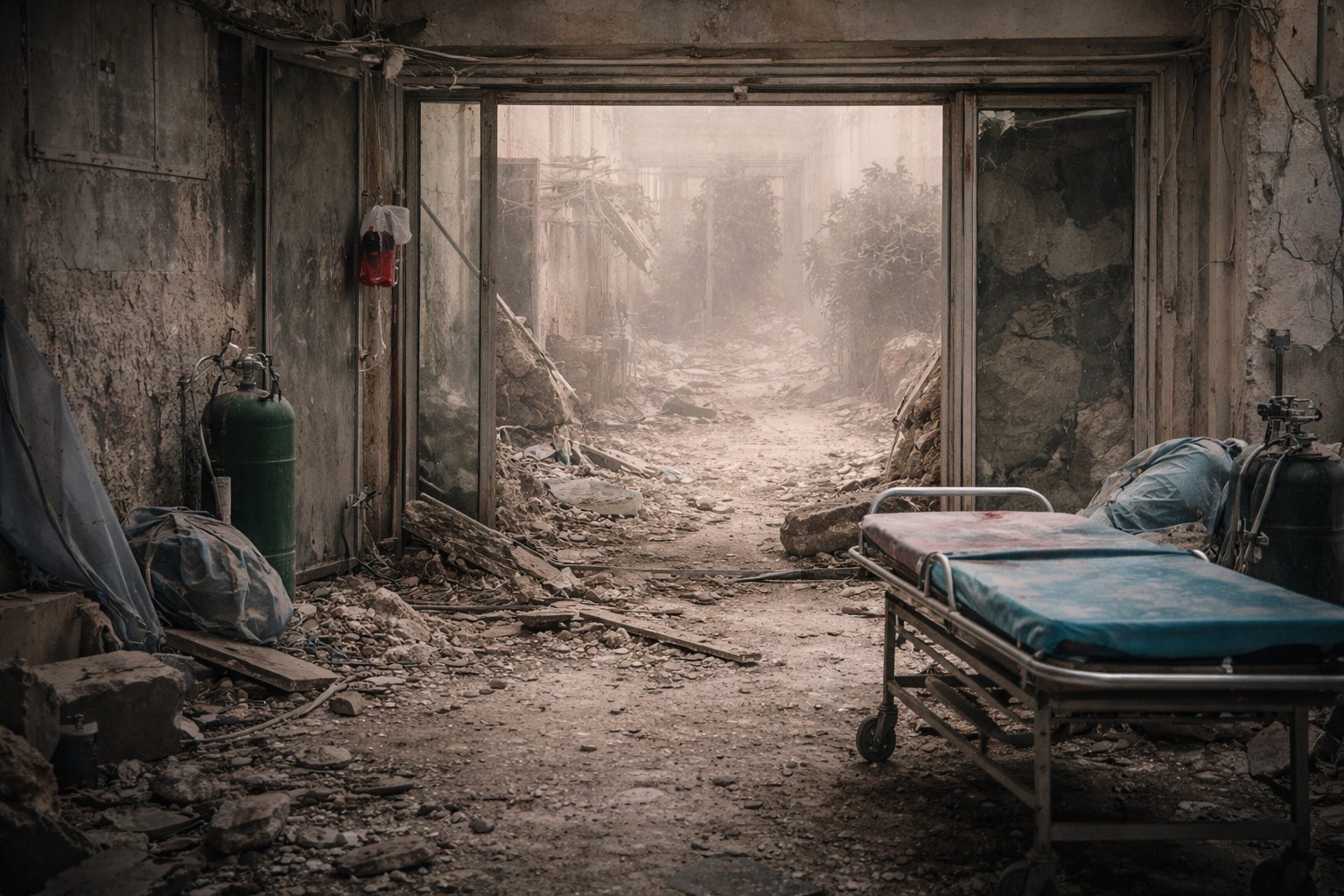 Gazze’de Nasser Hastanesi’nde sağlık hizmetlerinin askıya alınmasını temsil eden yıkılmış hastane koridoru ve tıbbi ekipman görüntüsü