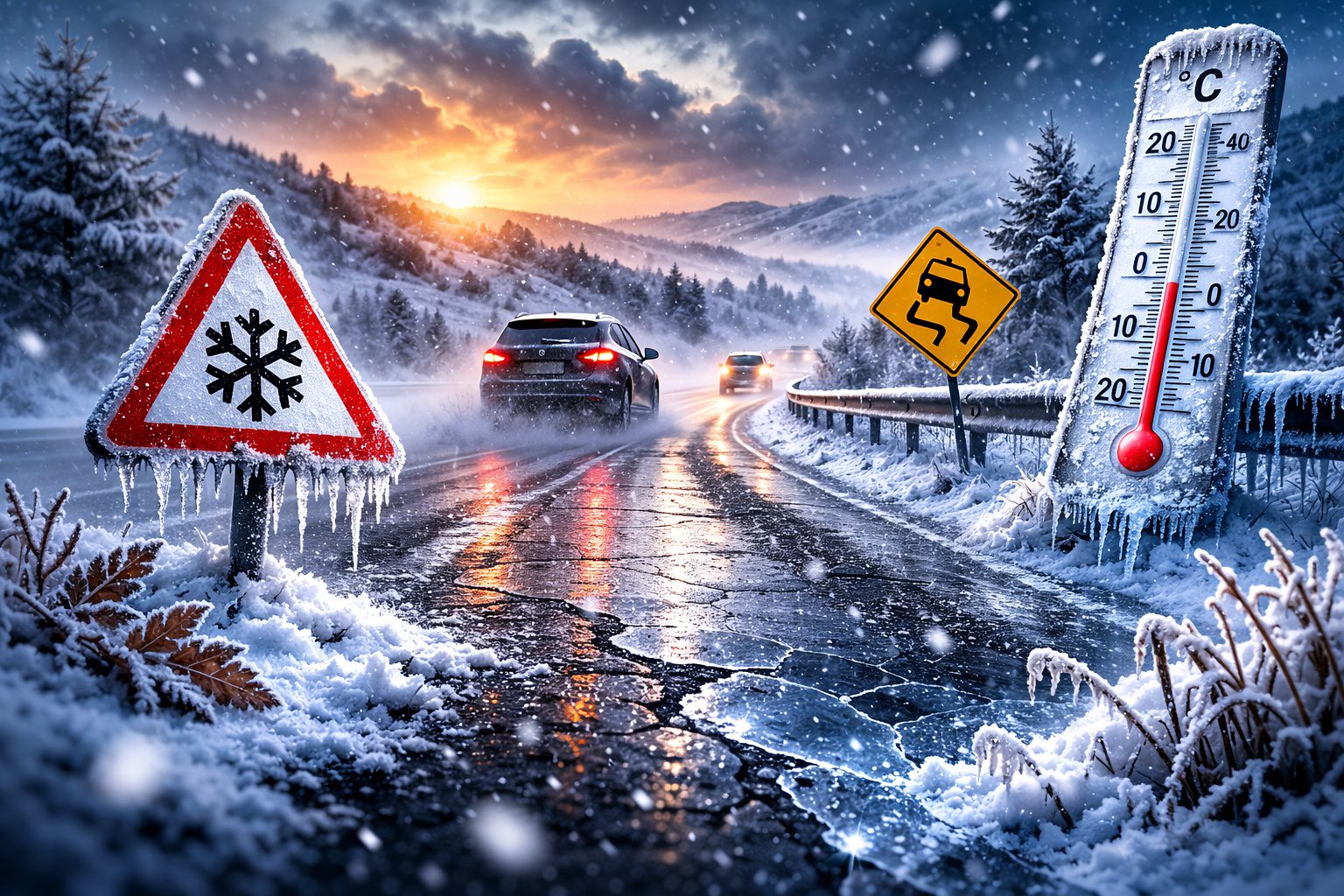 Kar ve buzlanma nedeniyle kayganlaşan dağ yolu, don uyarı levhaları ve sıfırın altını gösteren termometre