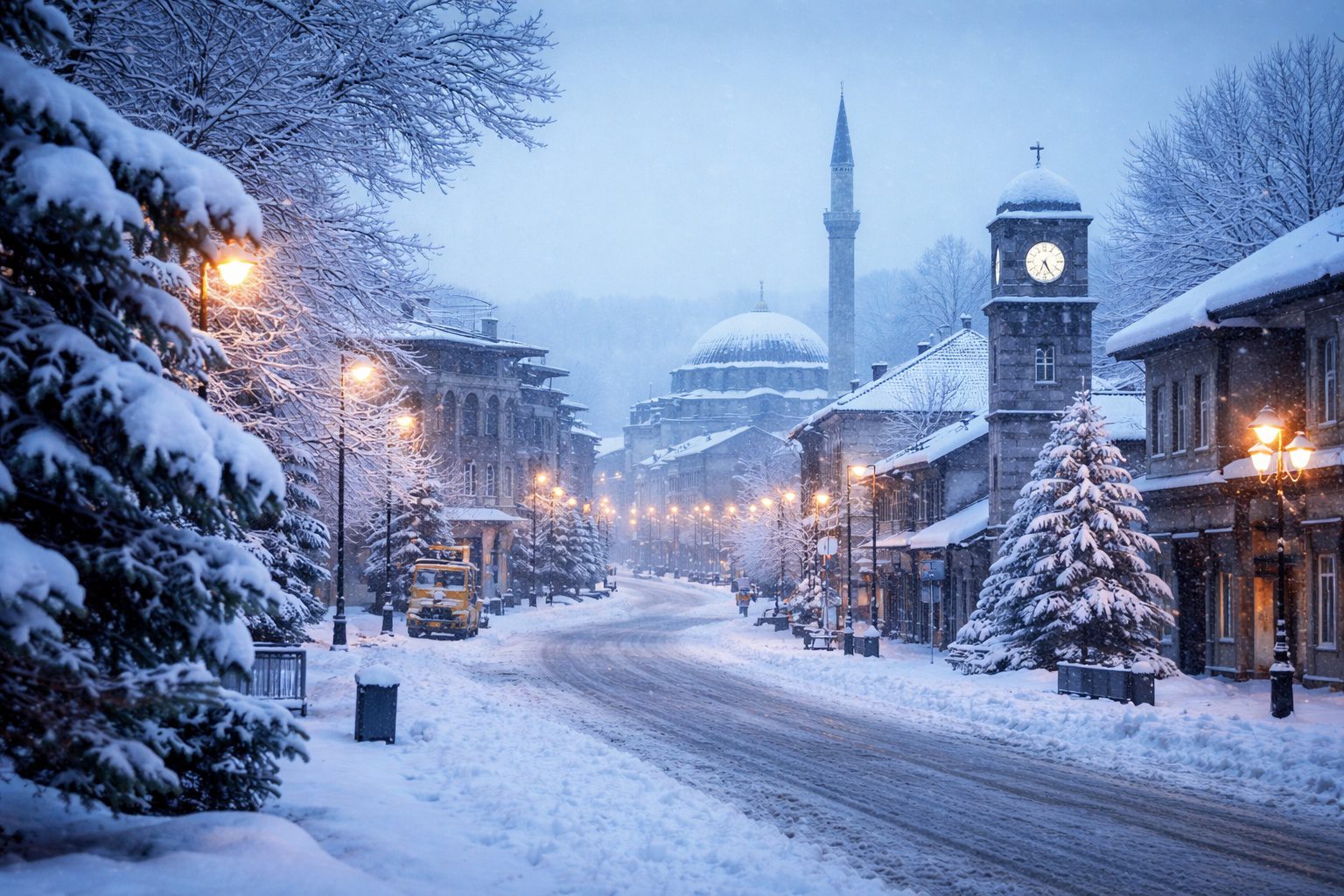 Kars’ta aşırı soğuk hava nedeniyle karla kaplı şehir manzarası ve kış koşulları