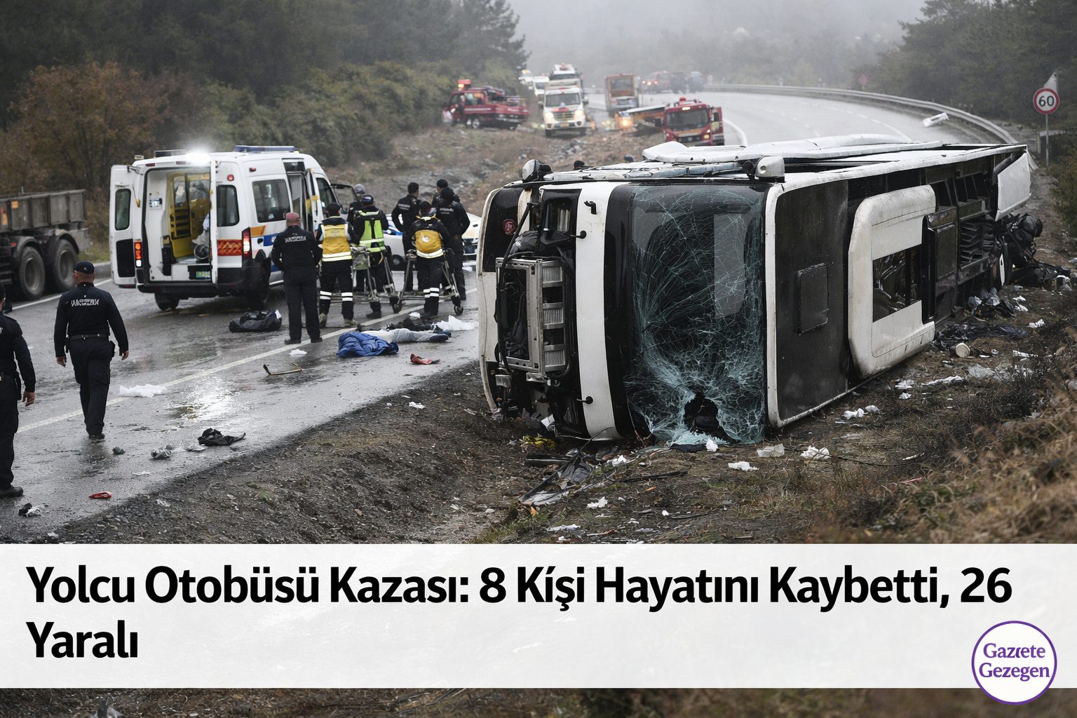 Antalya’da yolcu otobüsünün devrilmesi sonucu meydana gelen kazada hayatını kaybedenler ve kurtarma çalışmalarını gösteren haber görseli