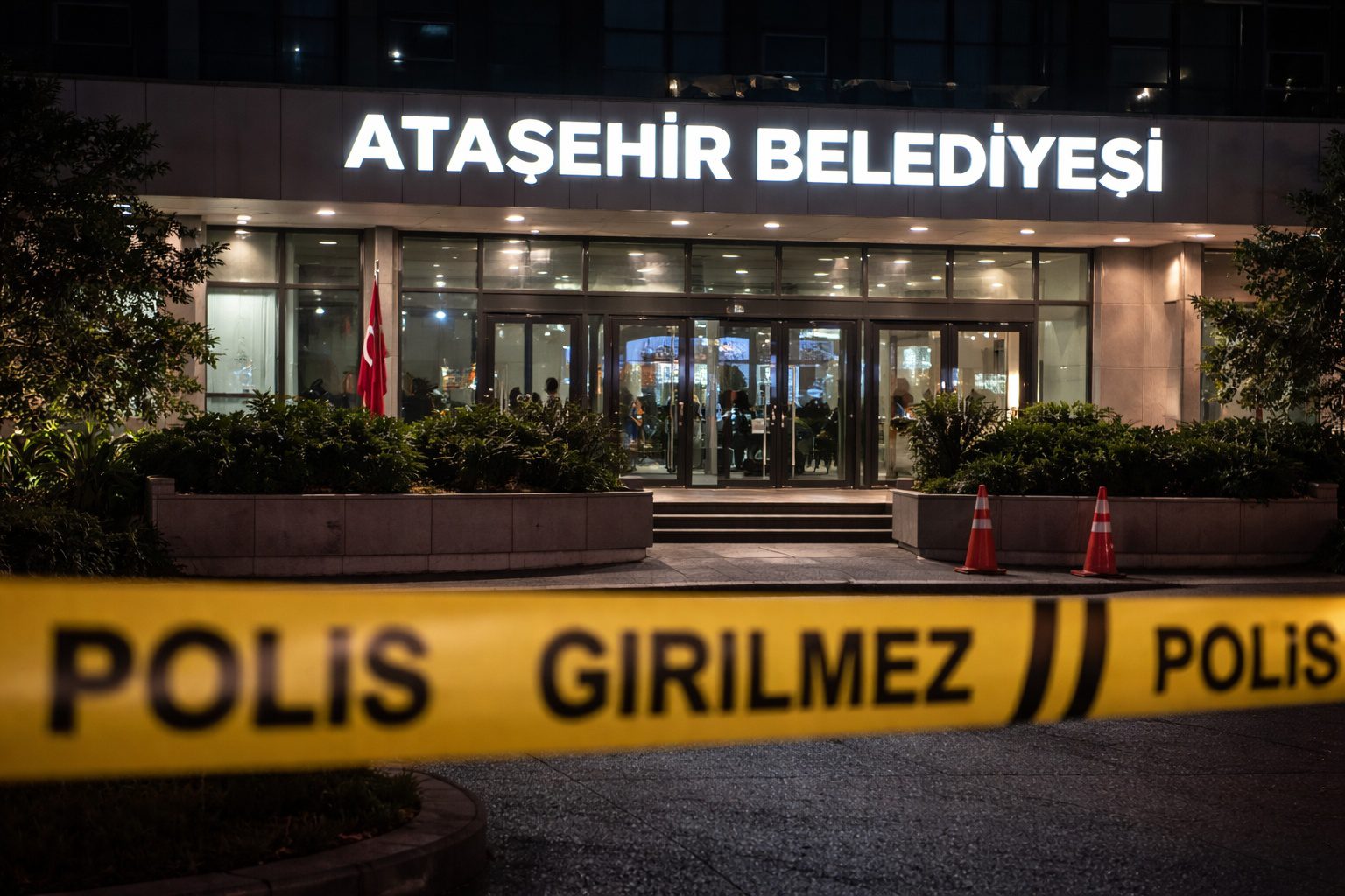 Ataşehir Belediyesi binası önünde polis güvenlik şeridi ile çevrili alan görüntüsü