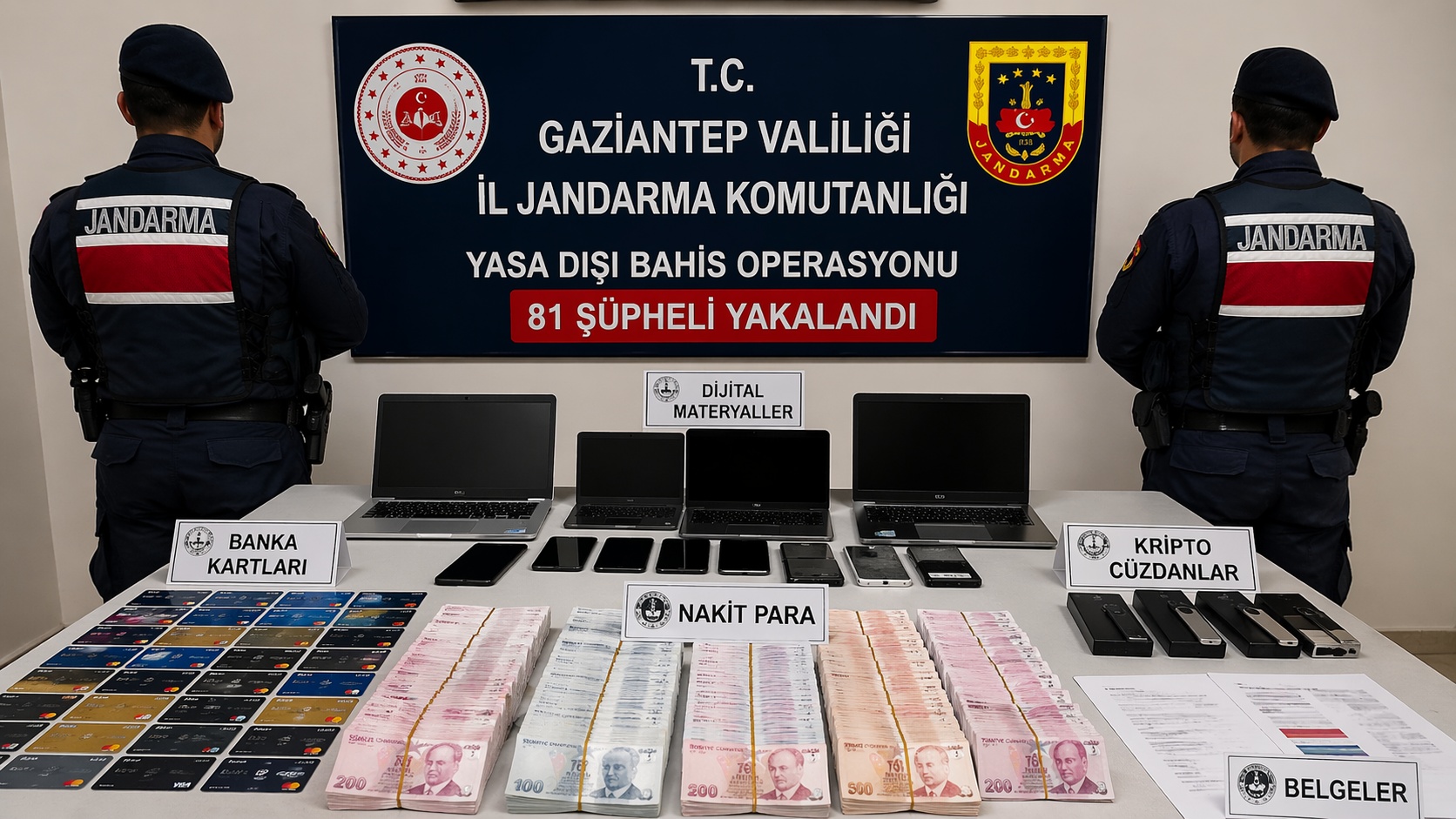 Yasa dışı bahis operasyonunda ele geçirilen para, telefon ve dijital materyaller