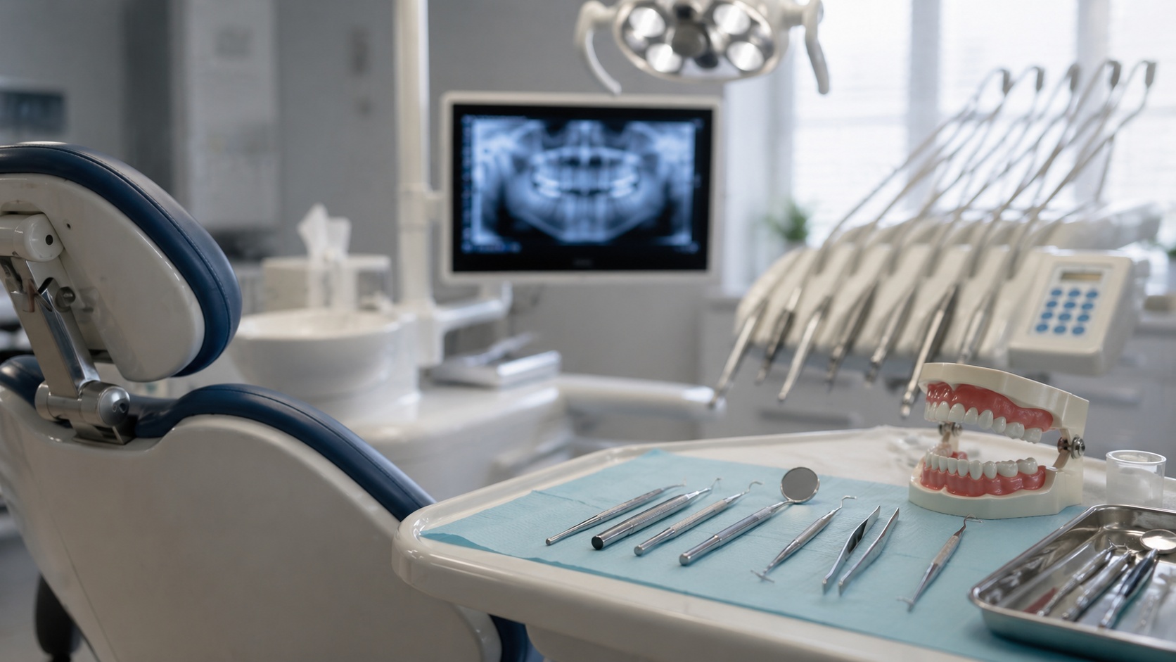 Diş kliniğinde tedavi ekipmanları ve implant işlemi için hazırlanan ortam