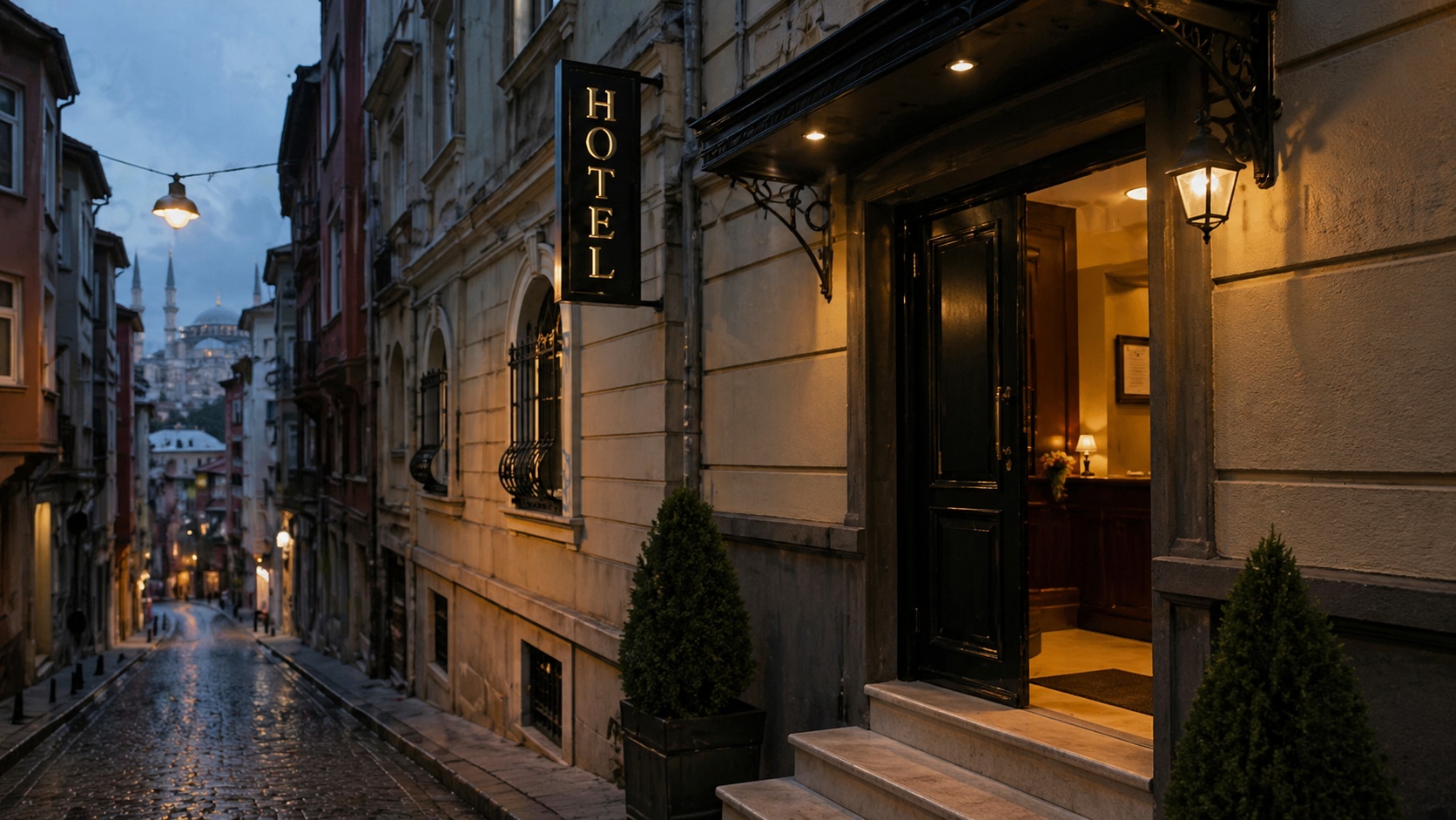 Fatih’te otelin bulunduğu sokakta akşam saatlerinde çekilmiş dış cephe görüntüsü