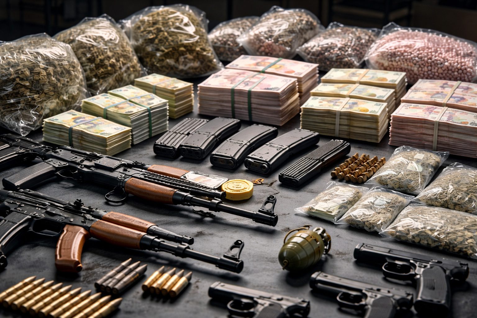 Bayğaralar çetesine yönelik operasyonda ele geçirilen silahlar, uyuşturucu maddeler ve nakit para görüntüsü