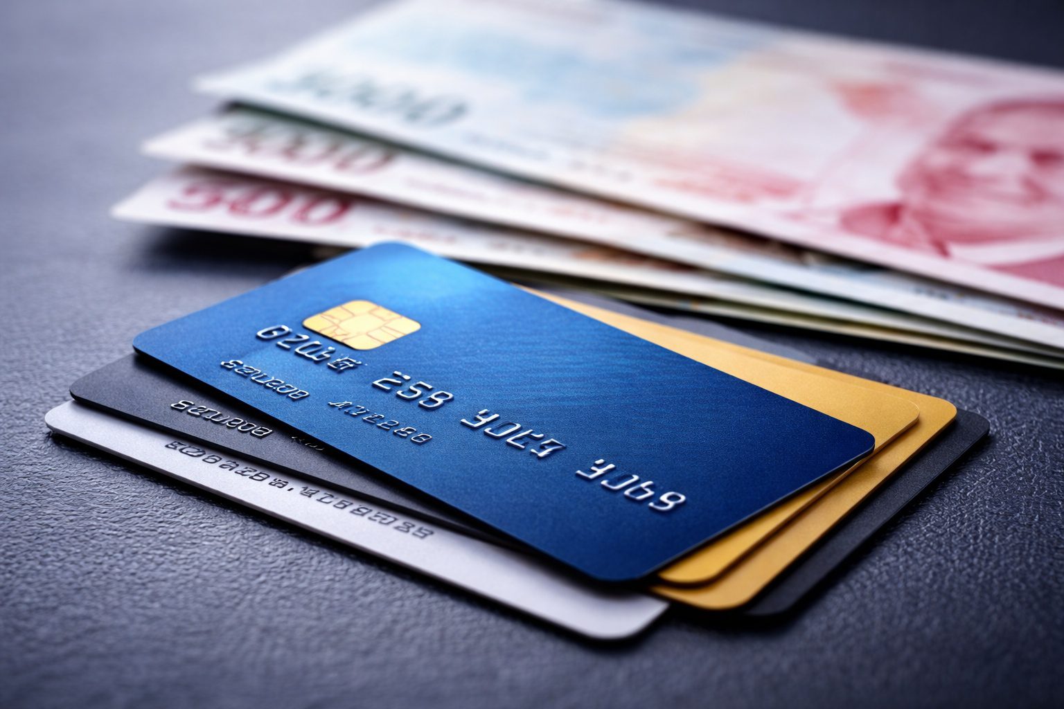 Masa üzerinde kredi kartları ve arka planda Türk lirası banknotları