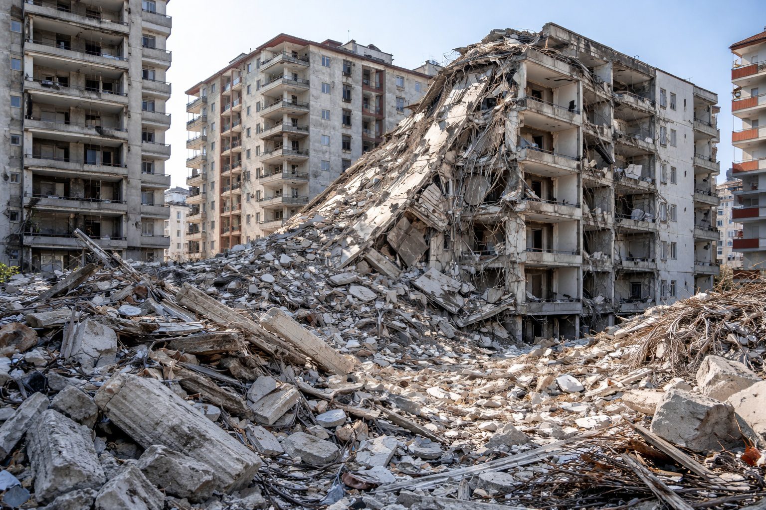 Deprem sonrası yıkılan apartman ve enkaz alanı görüntüsü