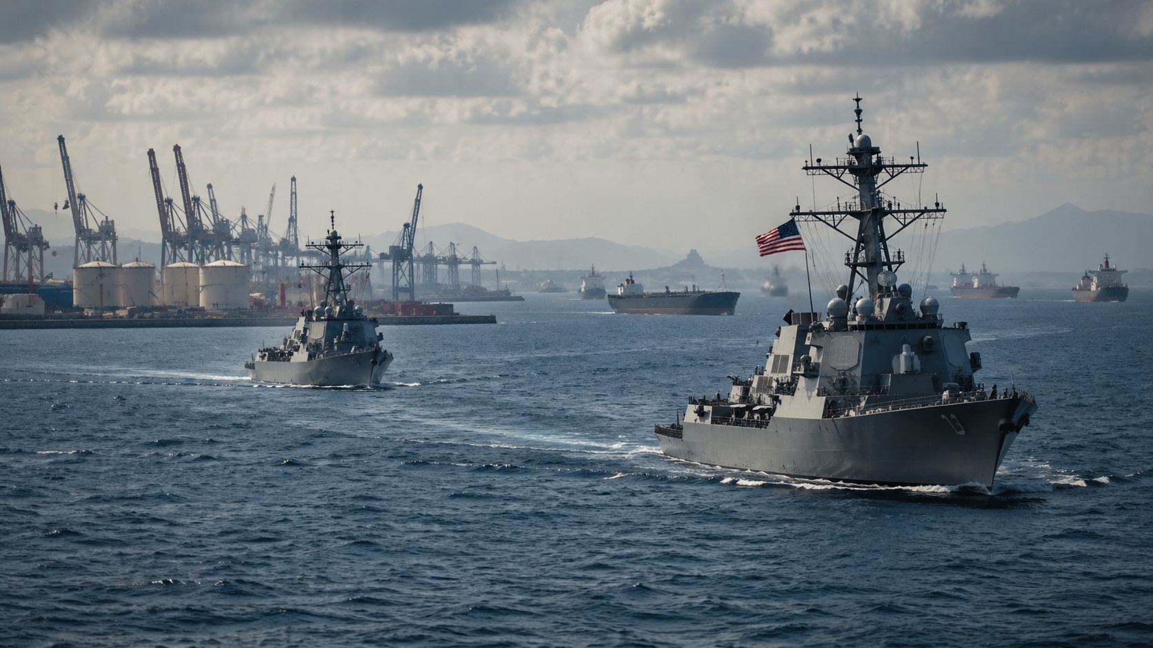 İran limanı açıklarında ABD savaş gemileri ve deniz ablukası görüntüsü