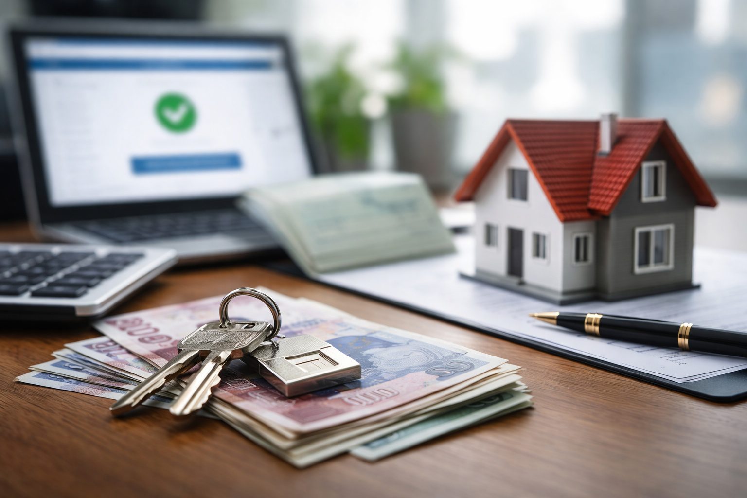 Tapu işlemlerinde güvenli ödeme sistemi kapsamında ev anahtarı, para ve sözleşme görseli