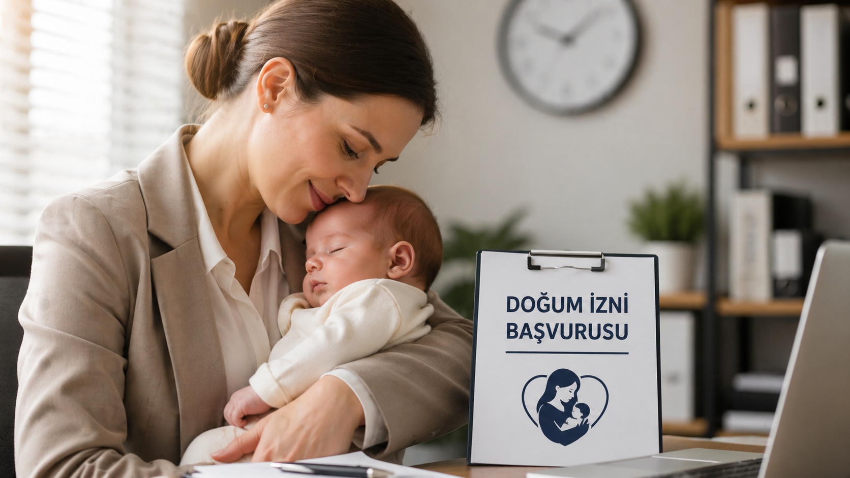 Doğum izni düzenlemesini temsil eden sade ofis ortamında belge ve masa detayı