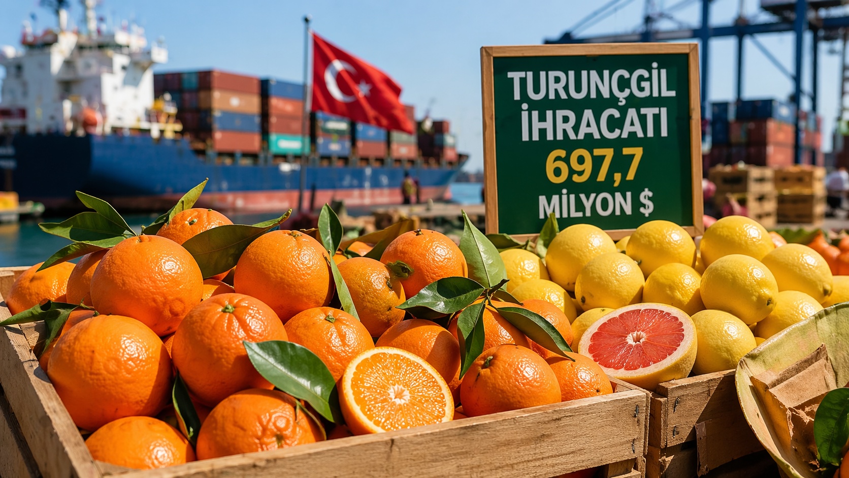 Liman önünde kasalarda mandalina, limon ve greyfurt bulunan turunçgil ürünleri