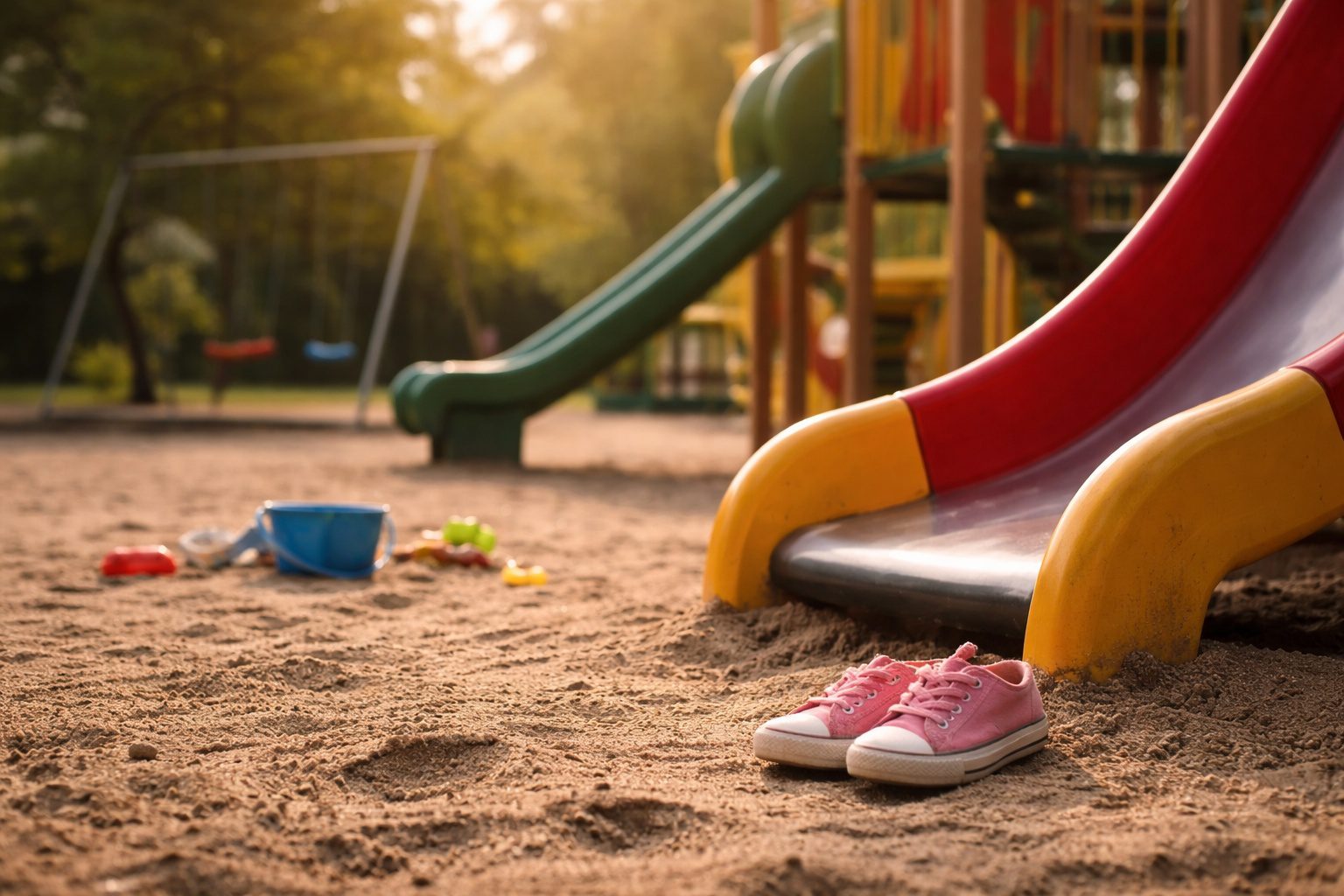 Boş çocuk parkında kaydırak ve yerde duran çocuk ayakkabıları