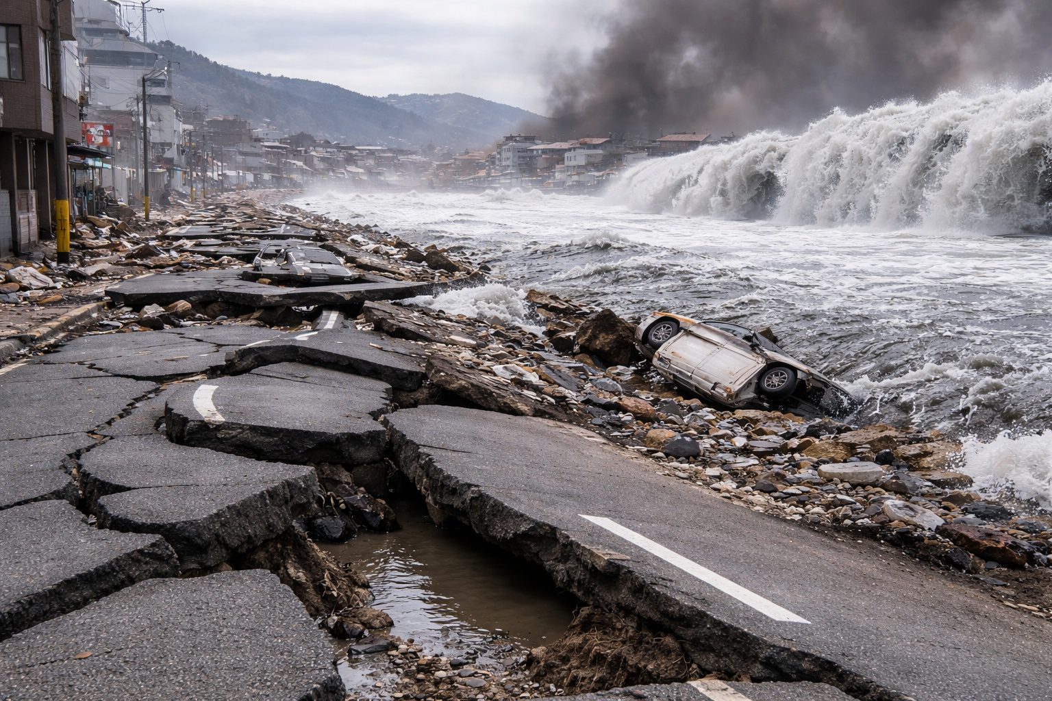 Japonya’da deprem sonrası hasar gören yol ve kıyı bölgesinde tsunami etkisini gösteren dalgalar
