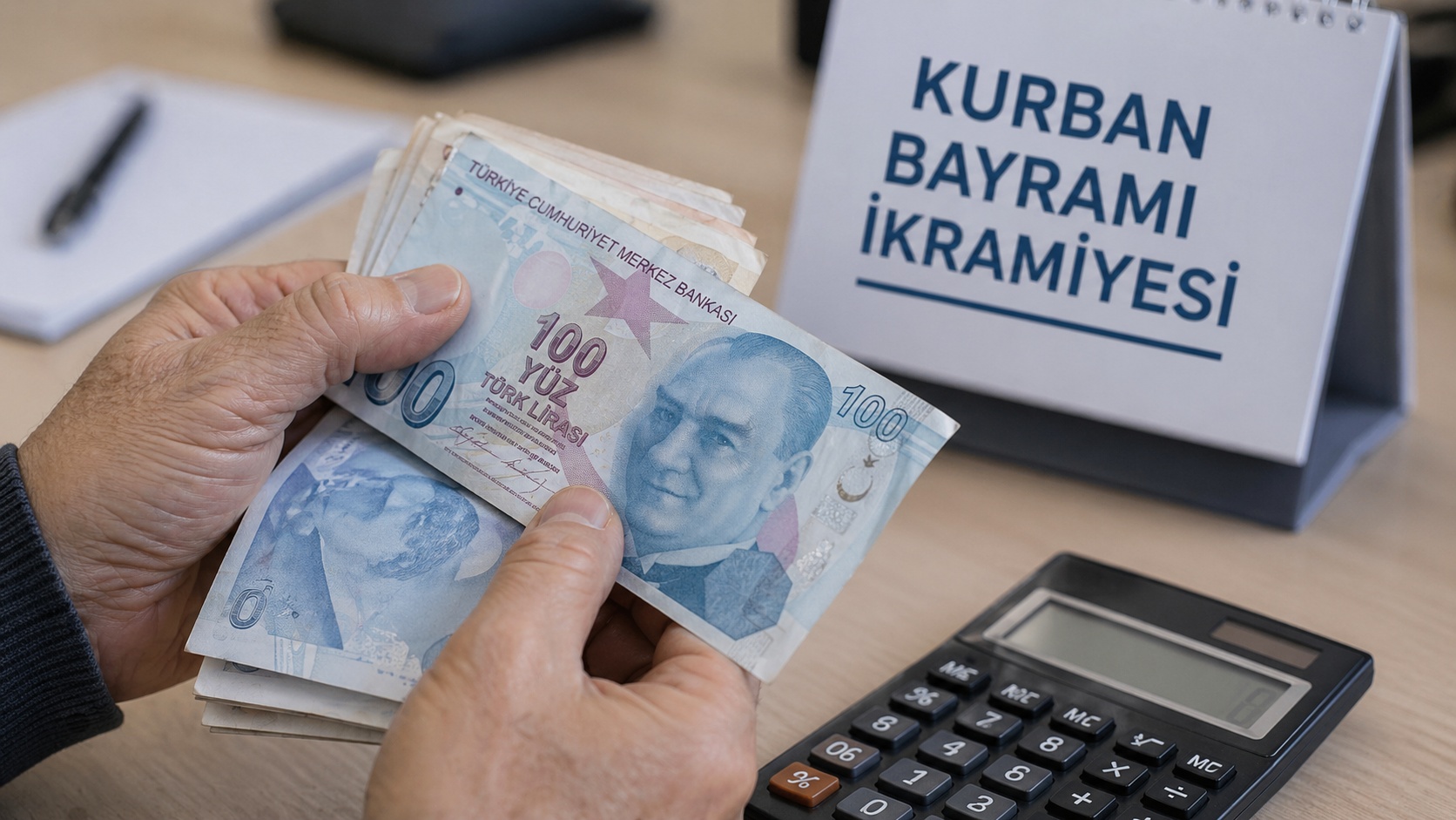 Kurban Bayramı ikramiyesini temsil eden masa üzerinde Türk lirası ve hesaplama araçları