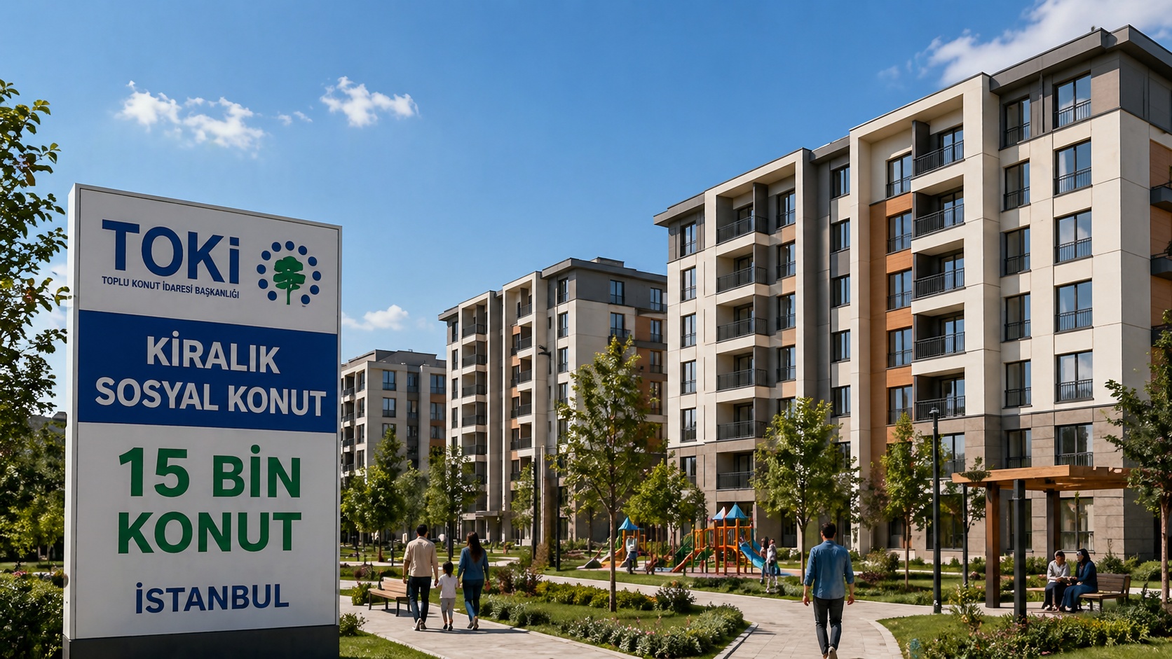 Modern toplu konut projesinde apartman blokları ve çevre düzenlemesi