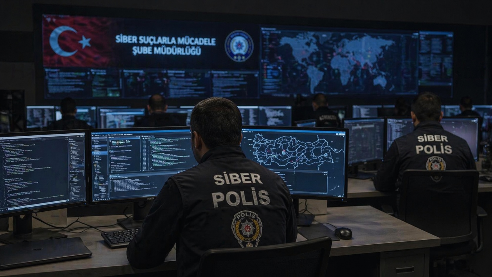 Siber operasyon merkezinde bilgisayar ekranları ve dijital veri takibi yapılan ortam
