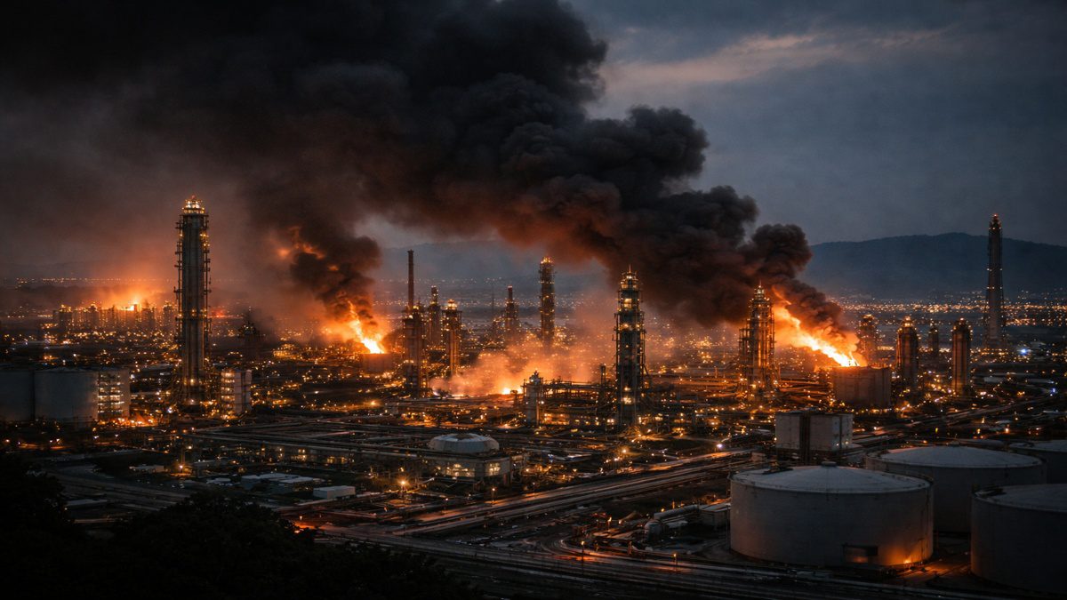 İran’daki petrokimya tesislerine yönelik saldırı sonrası gece saatlerinde duman ve yangın görüntüsü