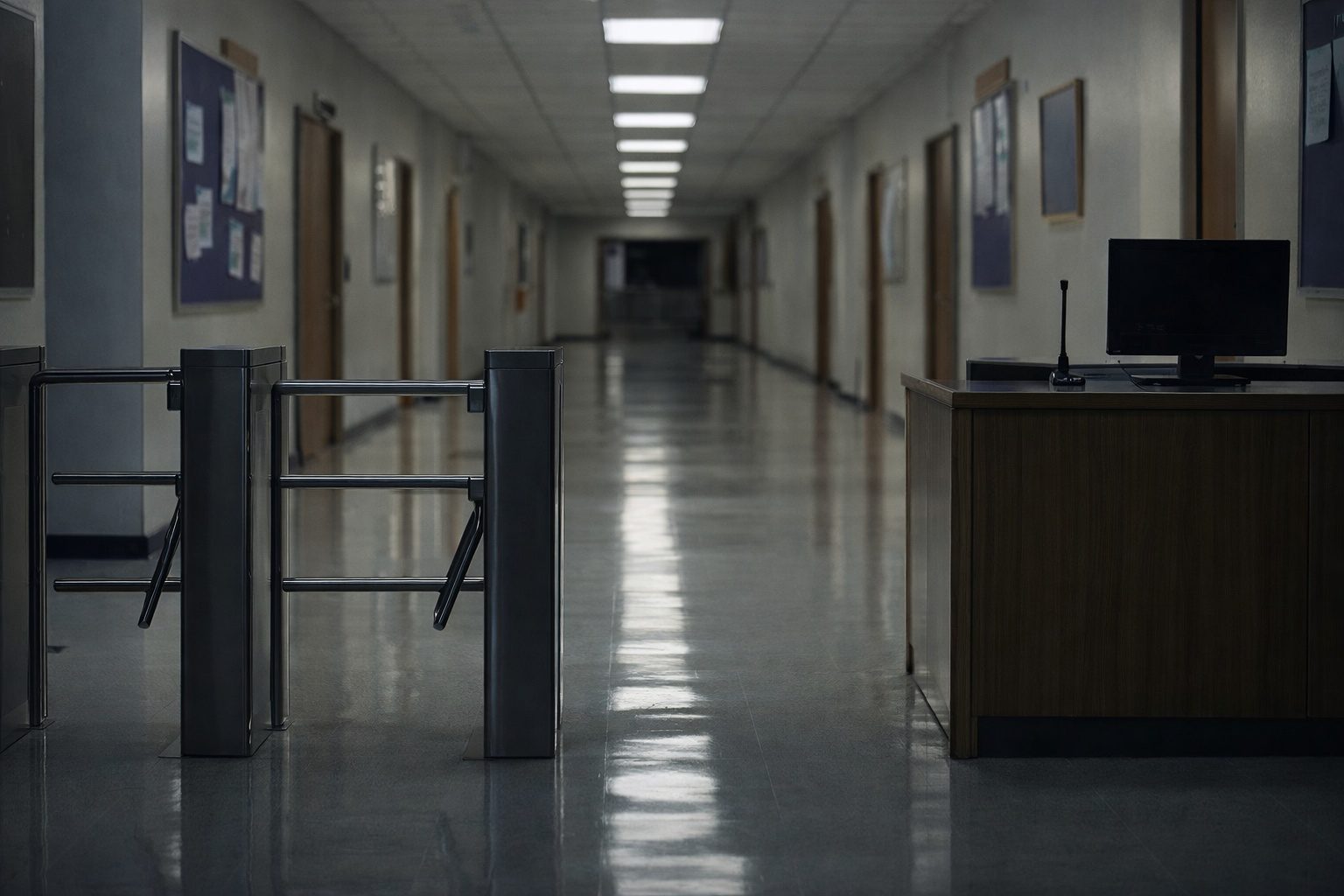 Okul koridorunda güvenlik turnikesi ve boş giriş alanı