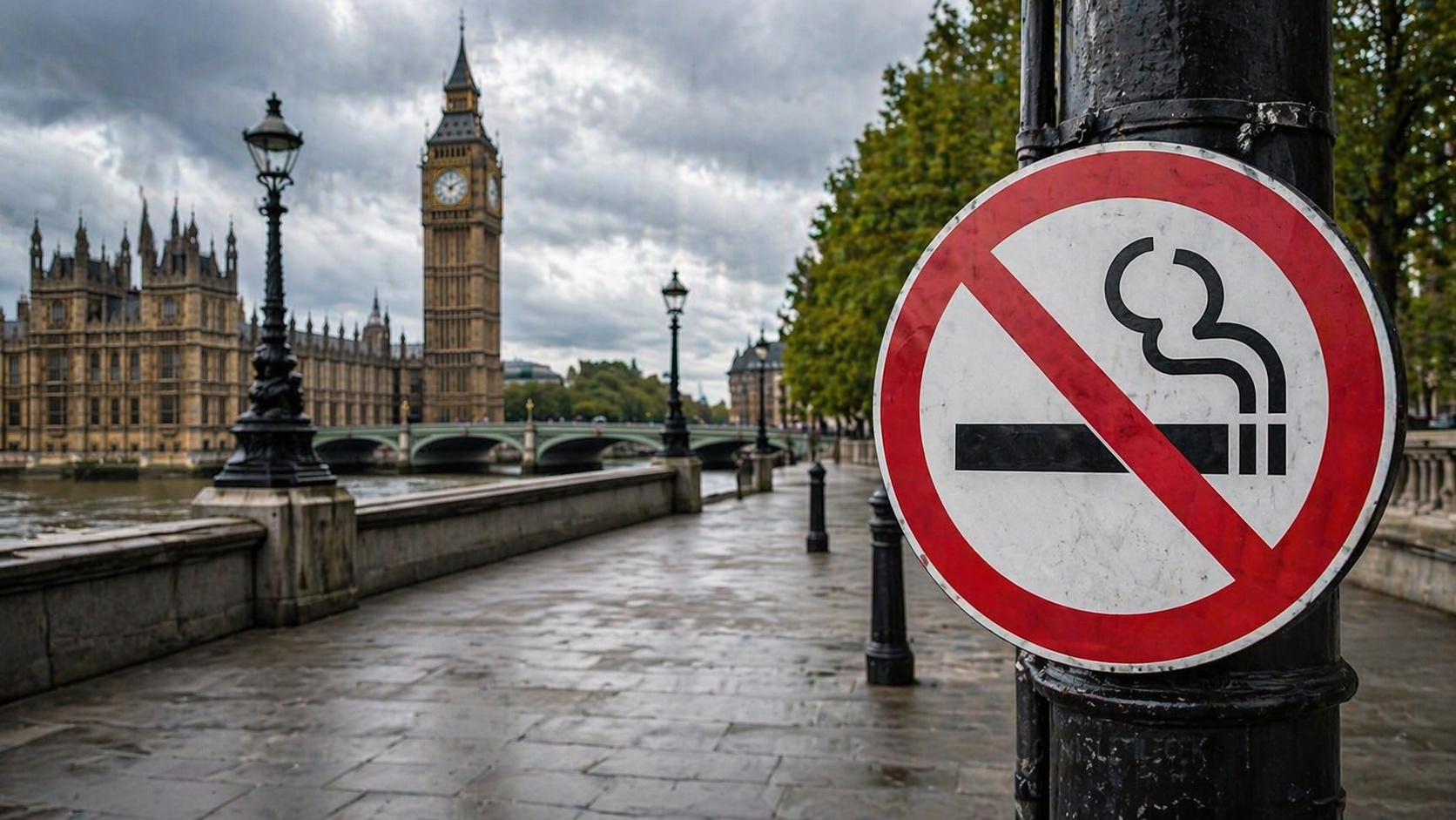 Londra’da Thames kıyısında sigara yasak tabelası ve arka planda Westminster silüeti