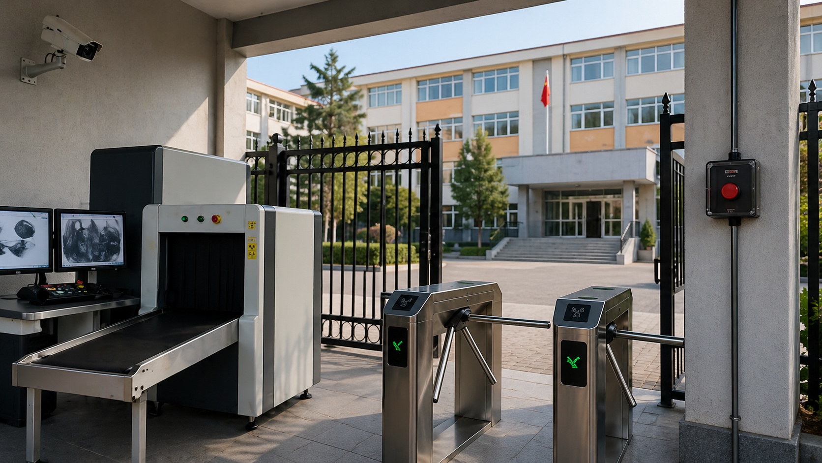 Okul girişinde X-Ray cihazı, turnike sistemi ve güvenlik kameraları bulunan modern güvenlik uygulaması