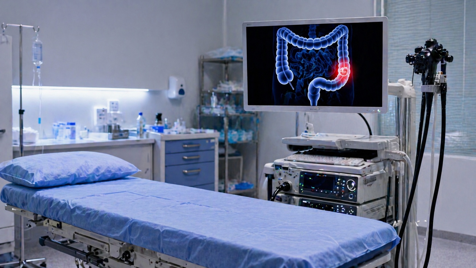 Kolon kanseri teşhisi için kullanılan kolonoskopi cihazı ve hastane ortamı