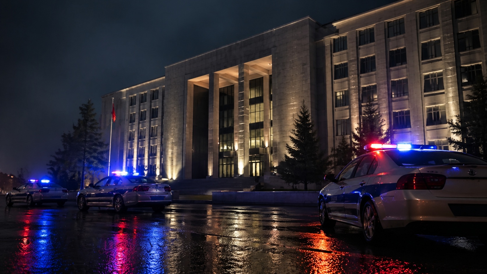 Ankara’da gece saatlerinde emniyet müdürlüğü binası ve önünde polis araçları