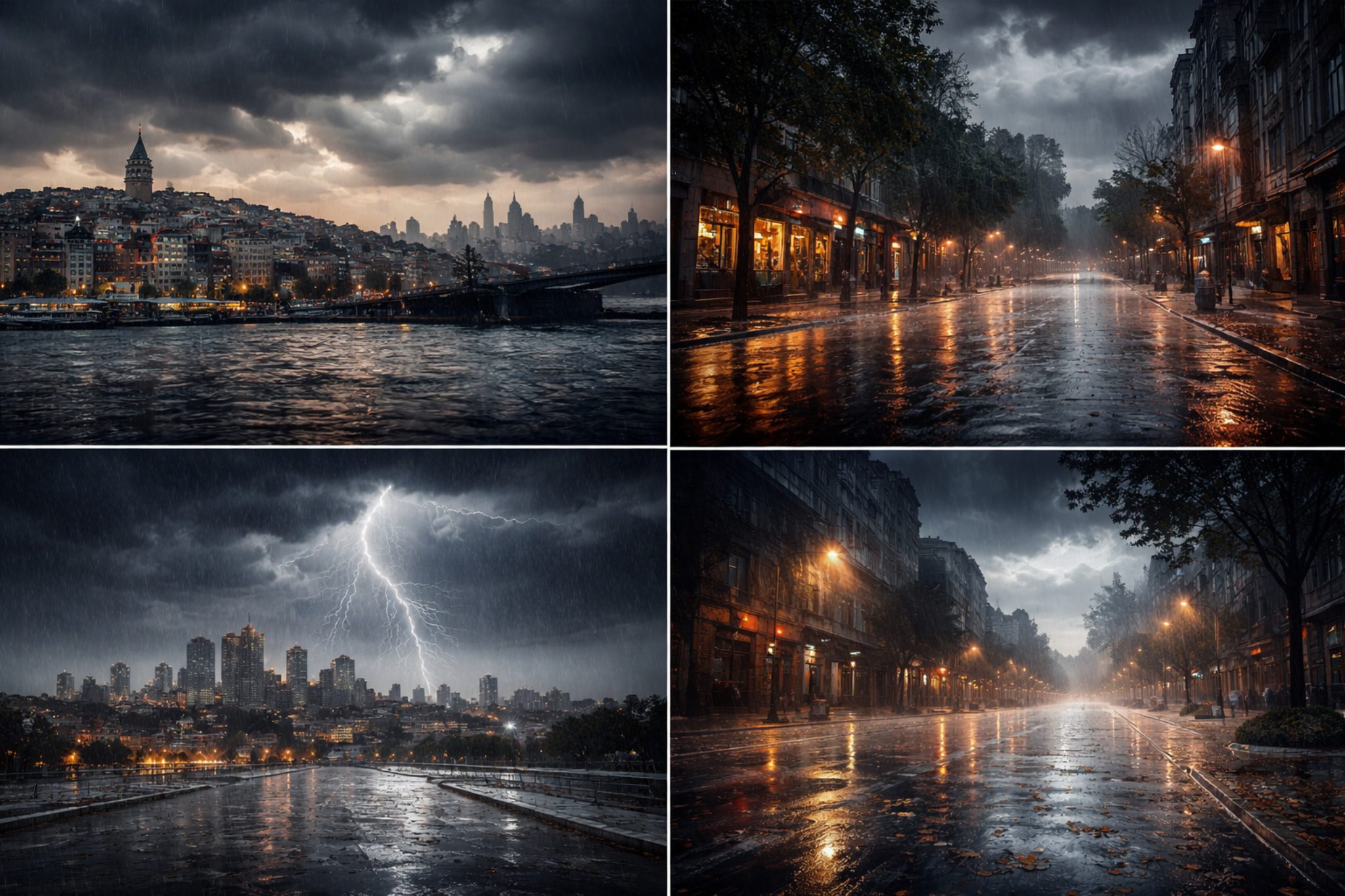 İstanbul şehir silüeti üzerinde yoğun yağmur bulutları ve sağanak yağış, ıslak yollar ve dramatik hava durumu