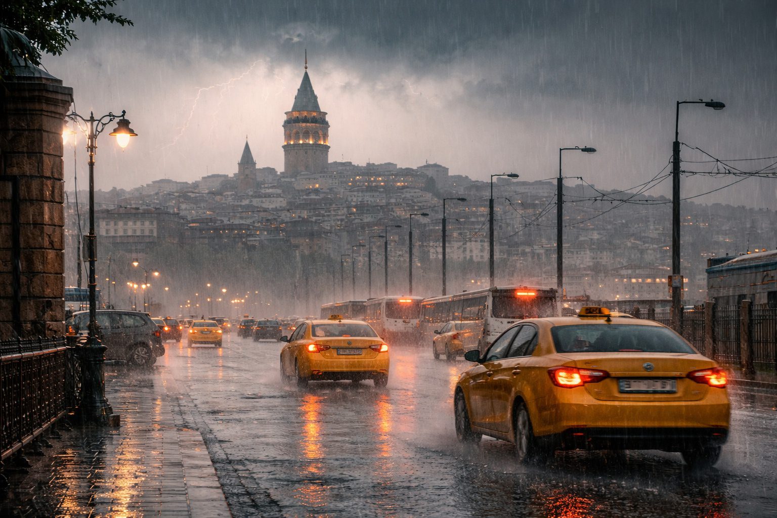 İstanbul’da sağanak yağış altında trafikte ilerleyen araçlar ve şehir manzarası