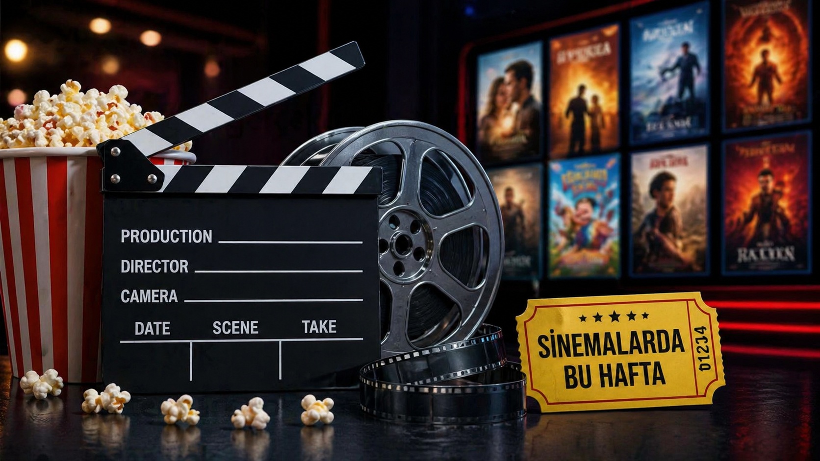 Sinema temalı sahnede film makaraları ve klaket ile vizyon haftasını temsil eden görüntü