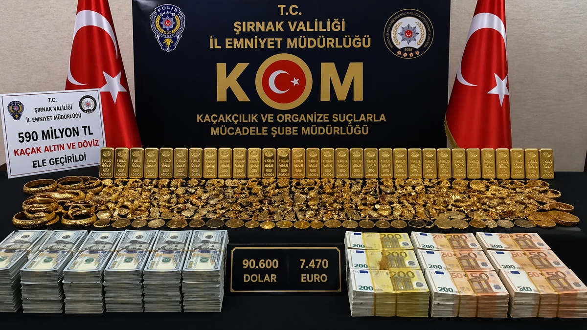 Şırnak’ta ele geçirilen kaçak altın ve döviz operasyonuna ait emniyet sergi görseli