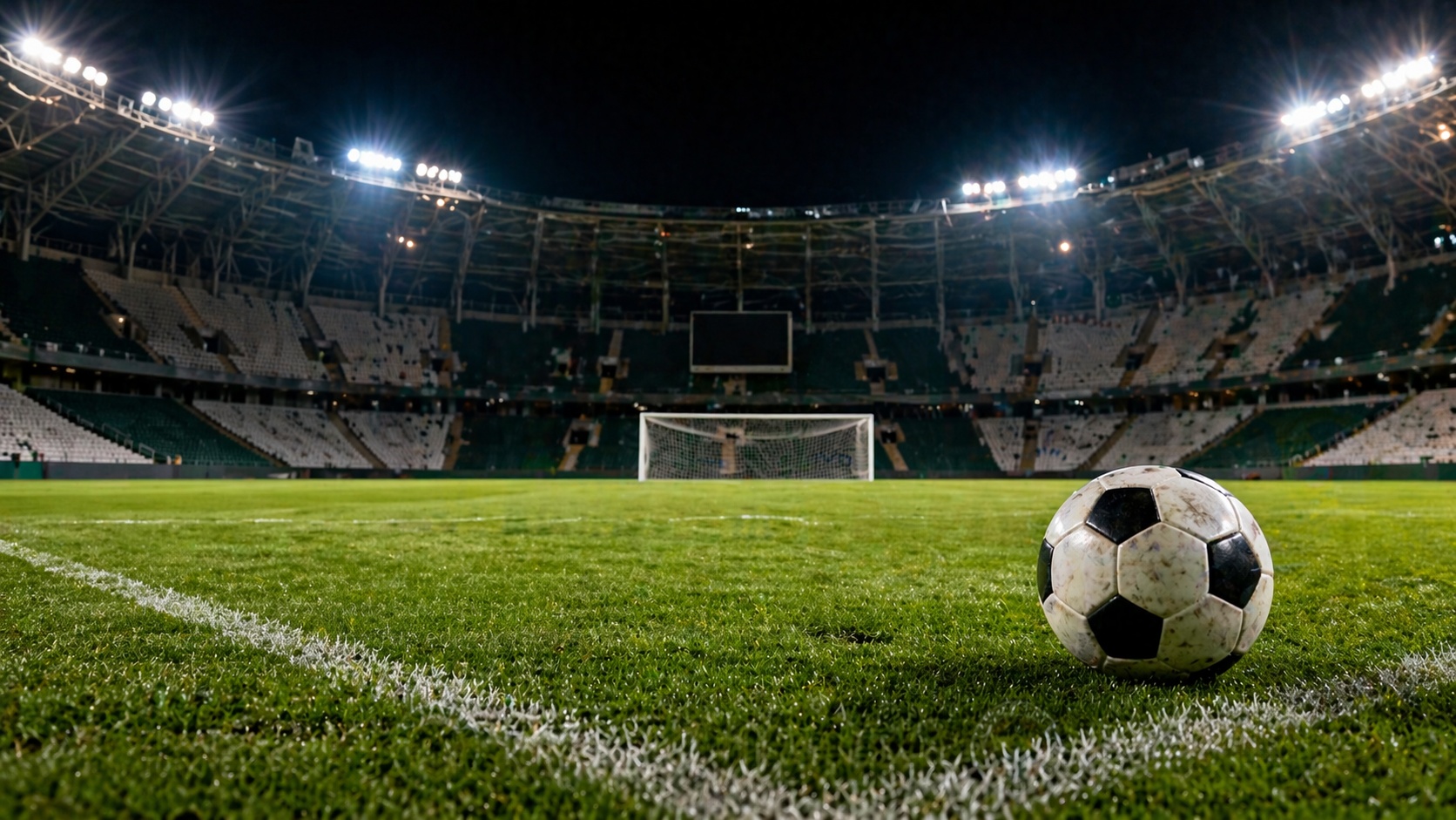 Gece ışıkları altında boş futbol sahası ve kale önünde top