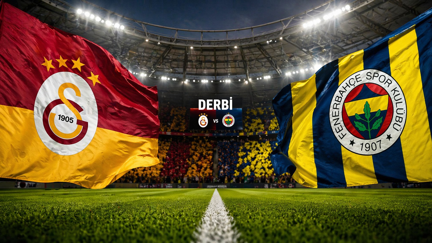 Süper Lig derbisi öncesi stadyumda futbol atmosferi ve saha görünümü