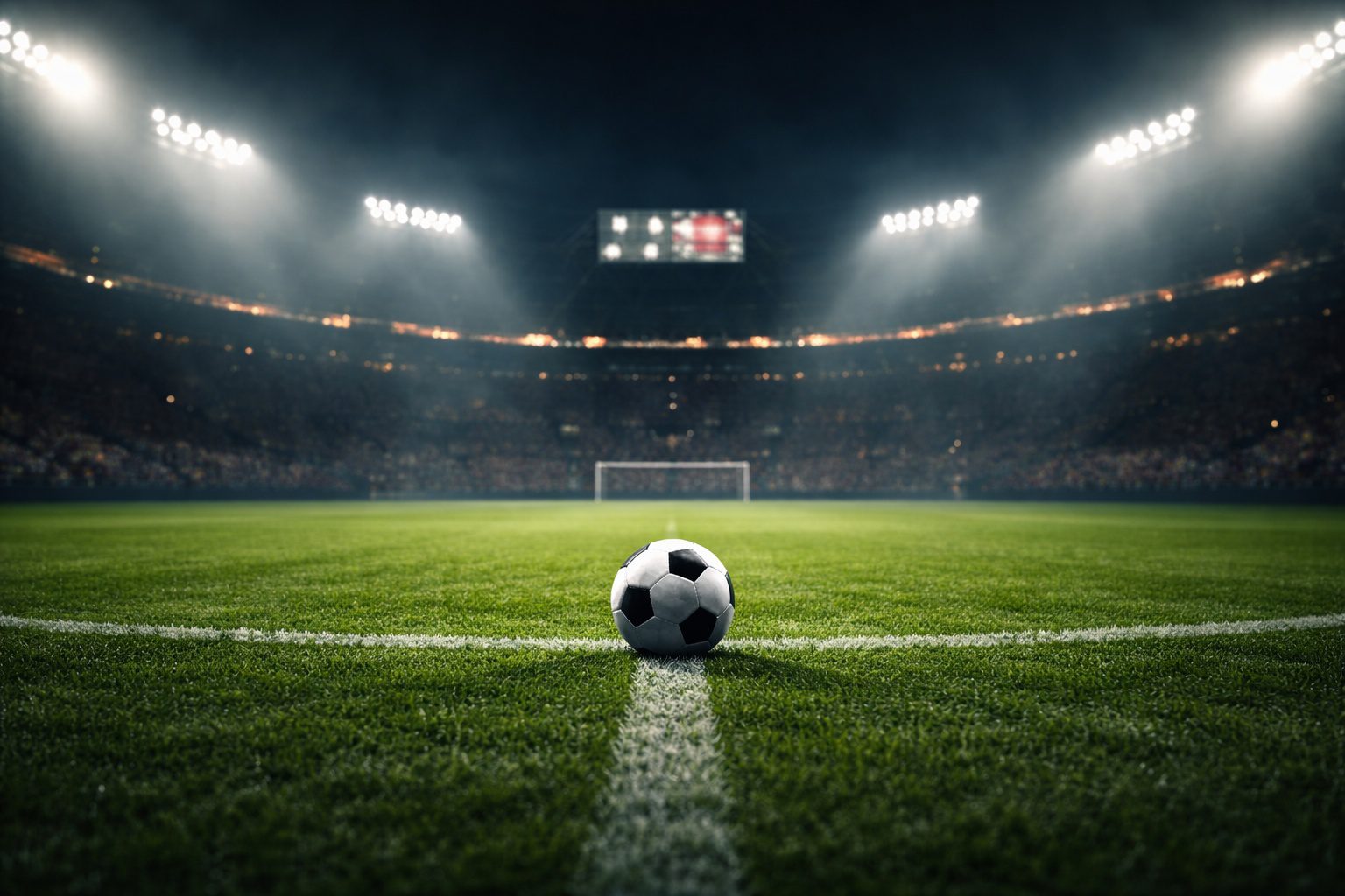 Gece aydınlatmalı stadyumda orta sahada duran futbol topu