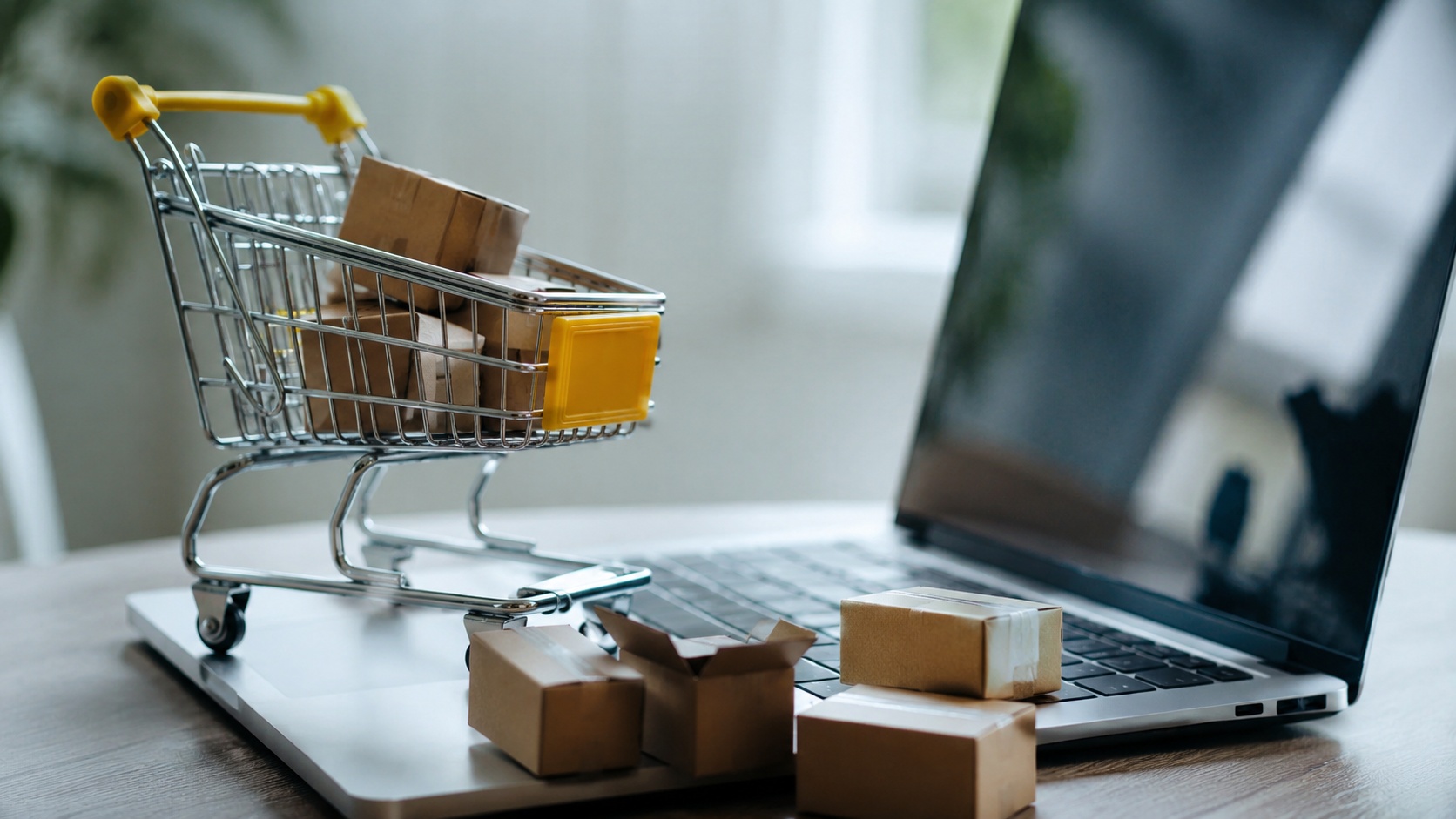Türkiye’de e-ticaret büyümesini temsil eden alışveriş sepeti, kargo kutuları ve dizüstü bilgisayar görseli