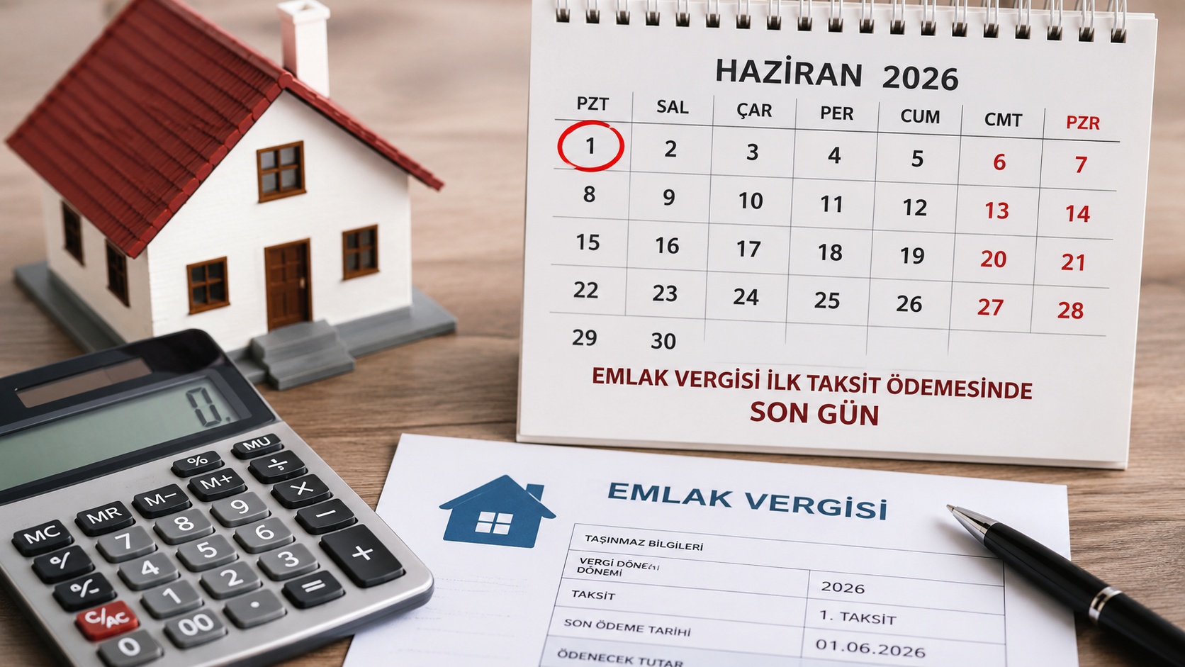 Emlak vergisi ödemelerini simgeleyen ev maketi, hesap makinesi ve ödeme tarihini gösteren takvim.