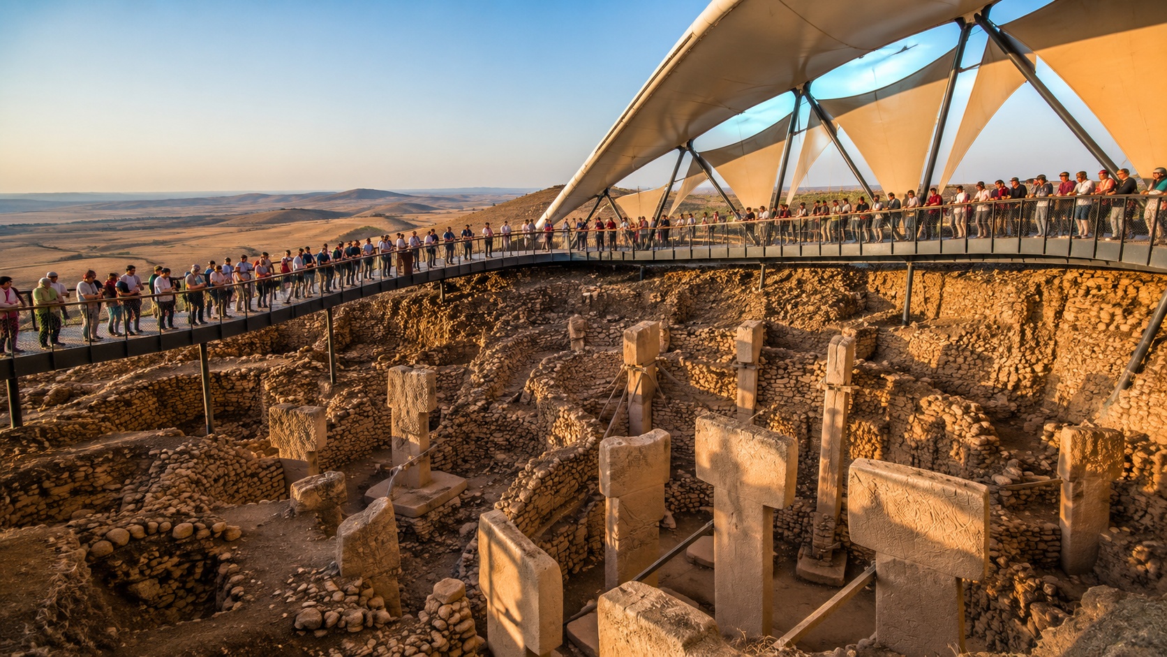 Şanlıurfa'daki UNESCO Dünya Mirası Göbeklitepe ören alanında bulunan tarihi T biçimli taş yapılar.